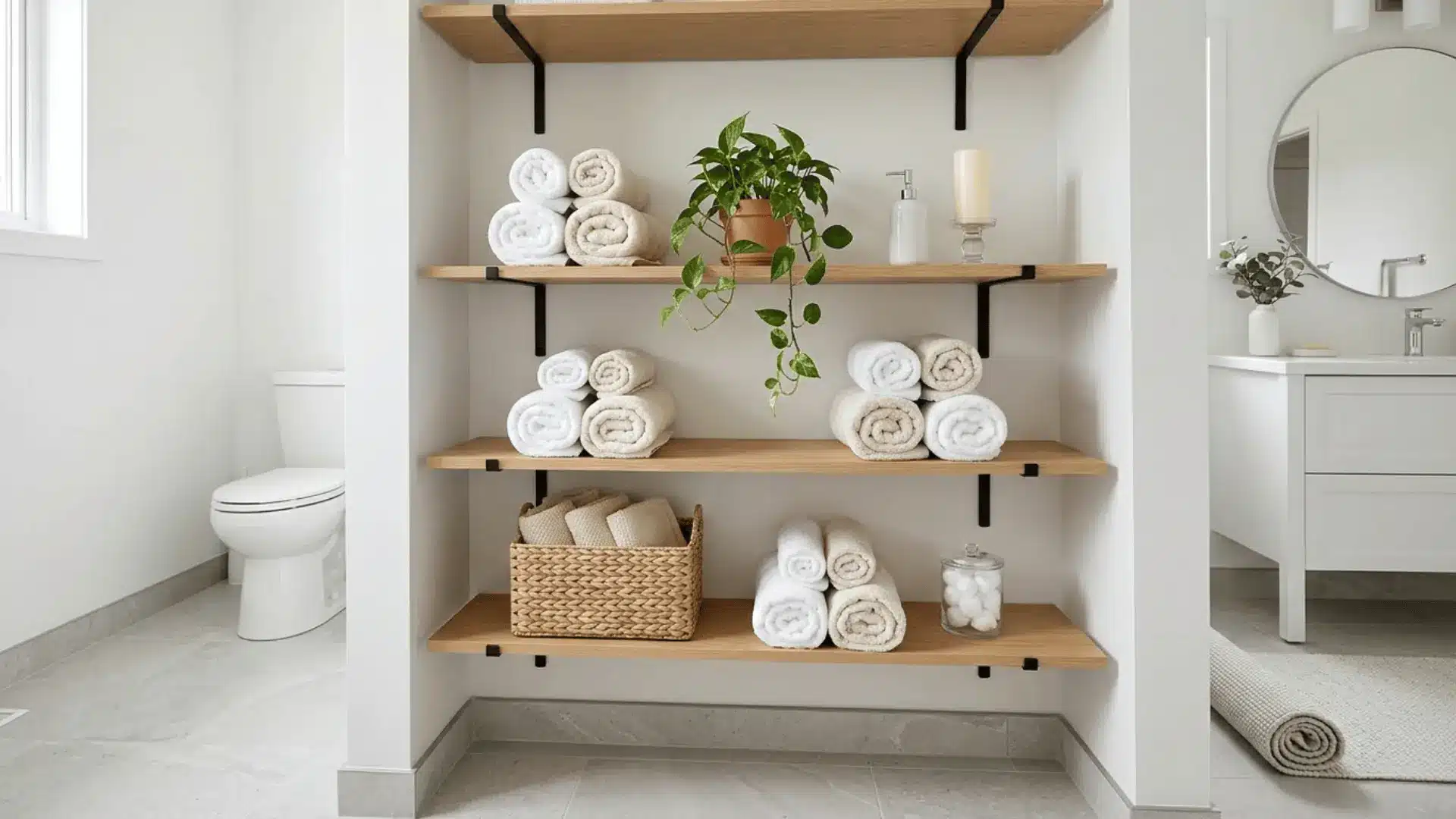 open oak bathroom shelves styled with rolled towels, woven basket, ceramic dispenser, and small plant