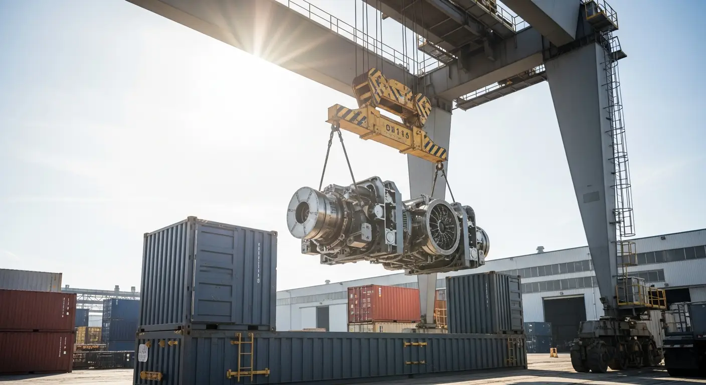 Crane lifting large jet engine above stacked shipping containers in industrial yard