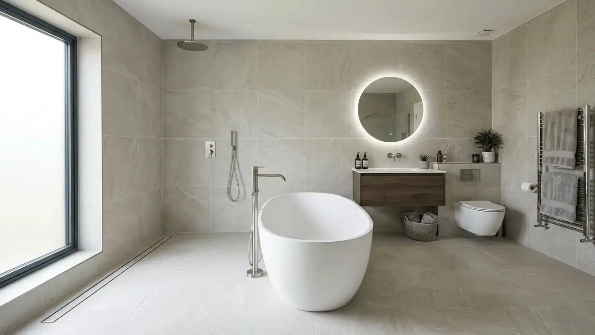 open wet room with freestanding tub, seamless stone tiles, linear drain, and rain shower in natural light