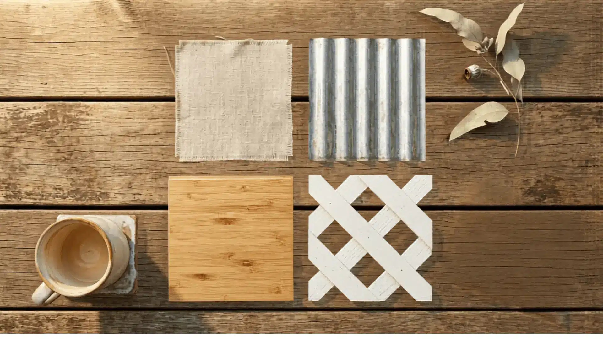 overhead mood board of deck cover material swatches on weathered wood with eucalyptus and a coffee mug