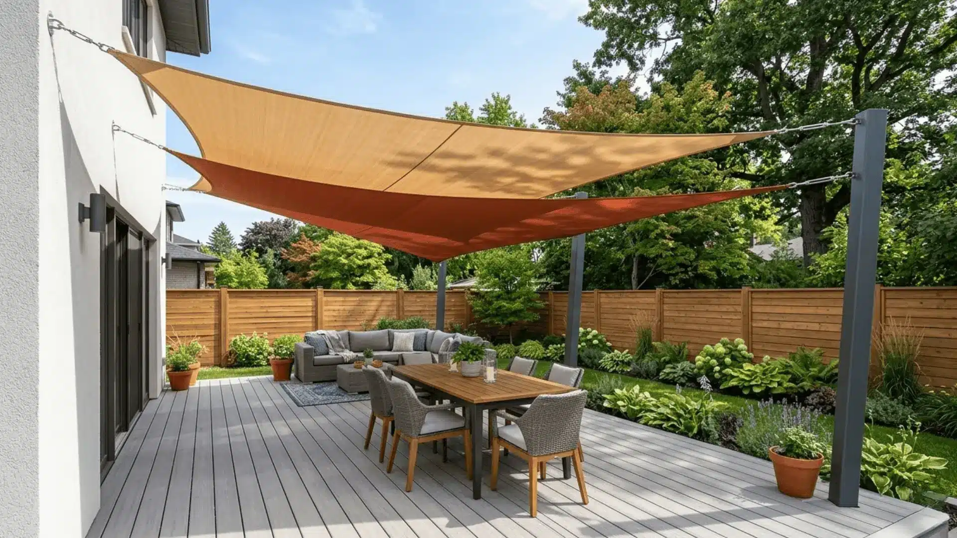 overlapping triangular shade sails in sand and terracotta tones over a modern outdoor deck