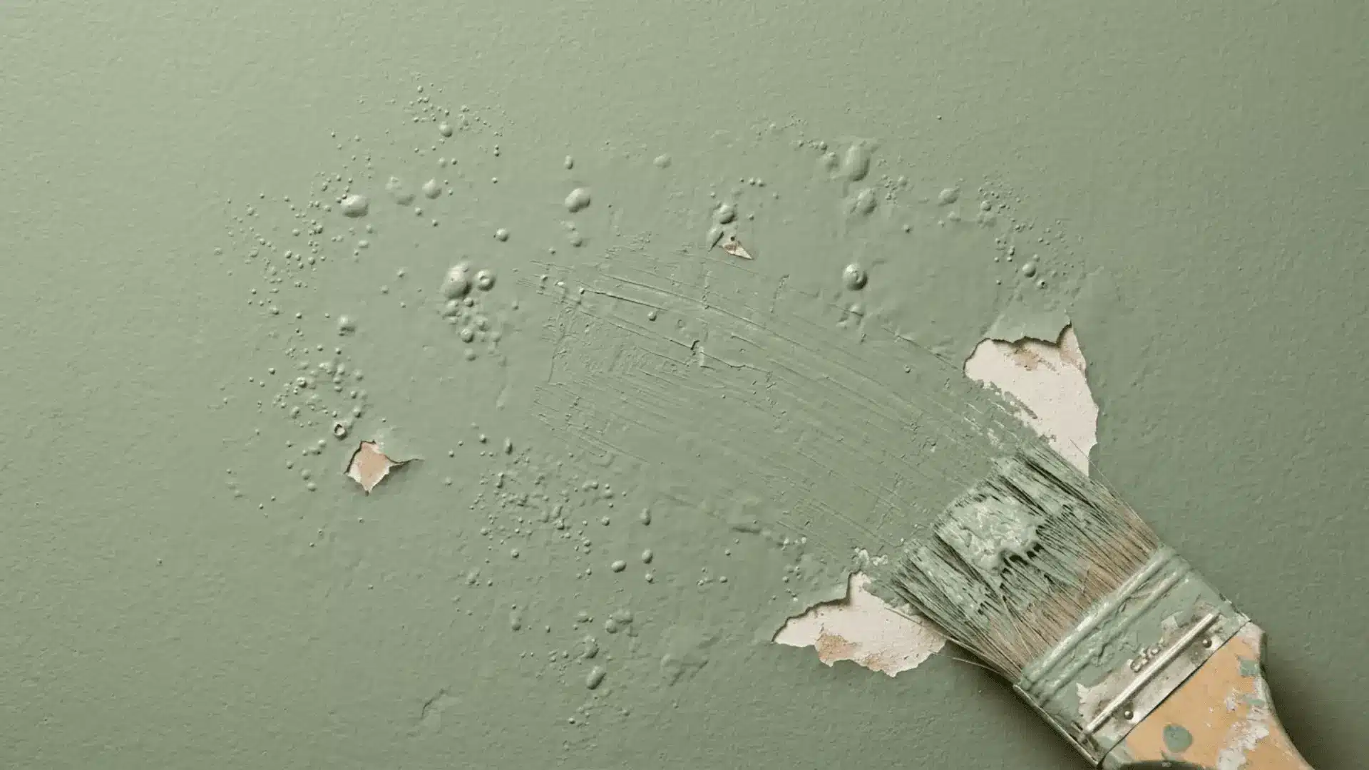 painted wall surface showing bubbling, peeling, and streaking caused by applying a second coat of paint too soon