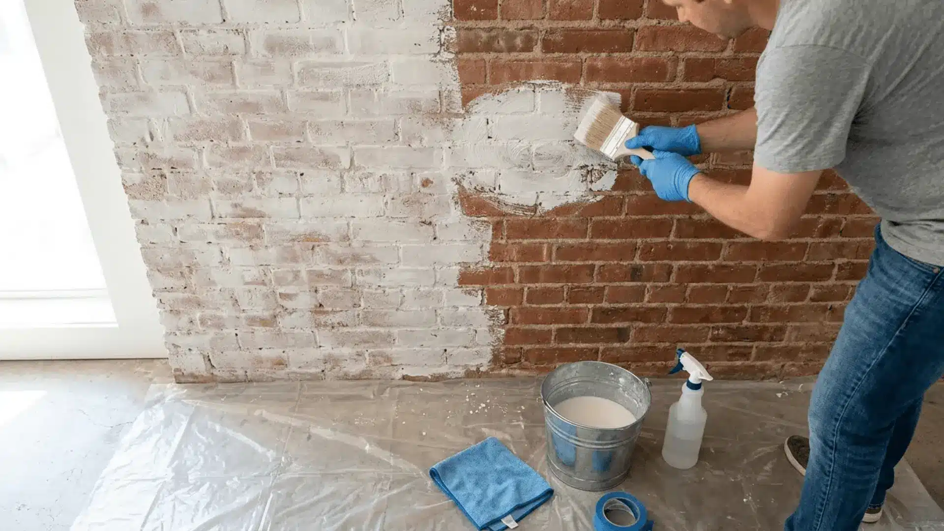 person applying white limewash on raw brick wall with natural bristle brush and diy tools on drop cloth below