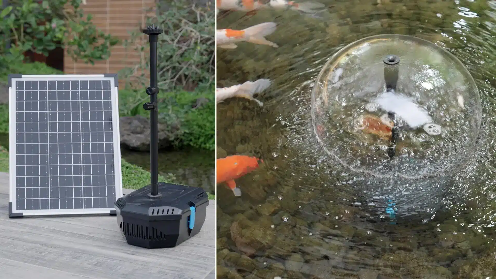 Solar-powered water fountain setup with koi fish in a pond and greenery in the background