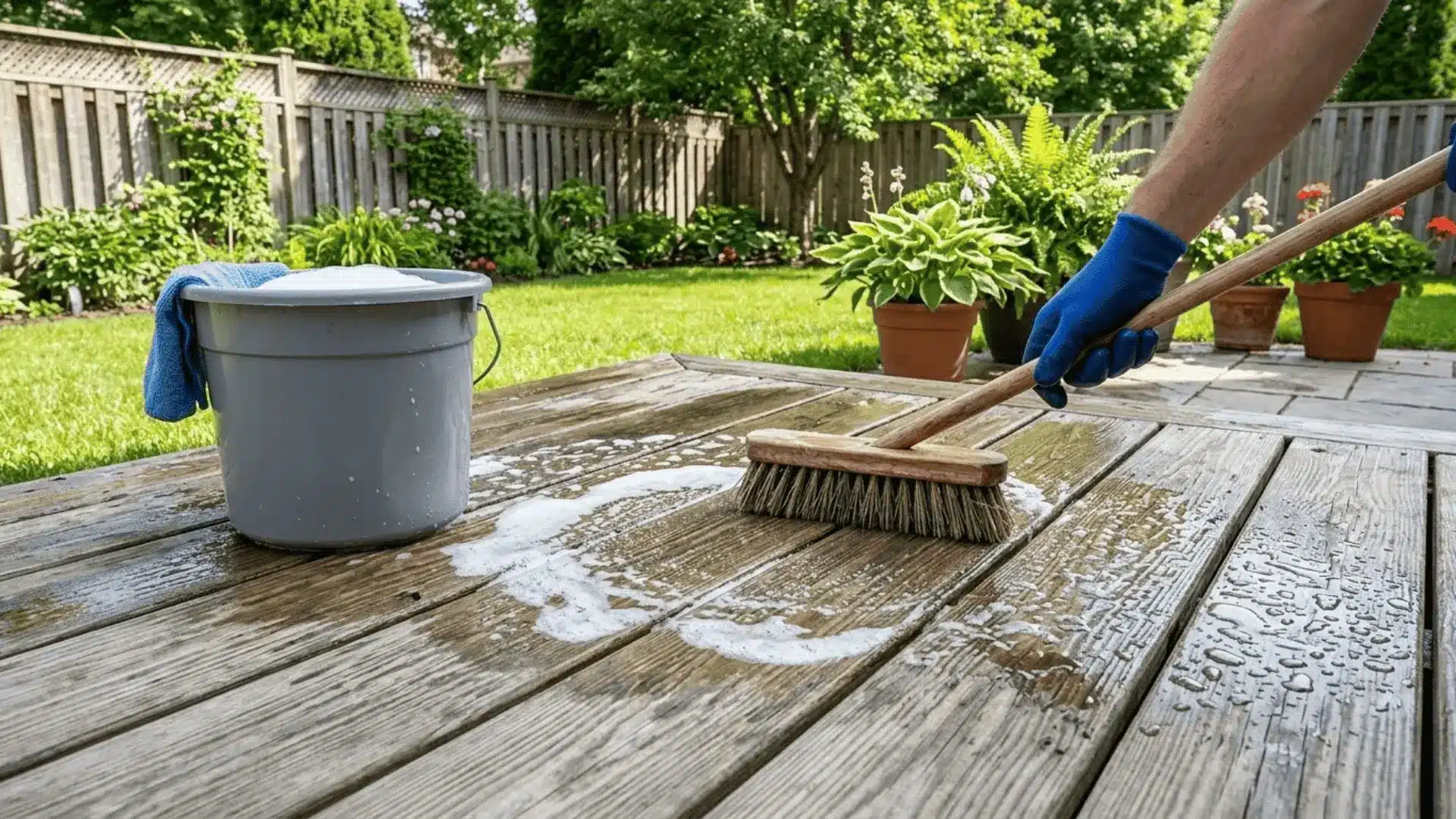 pressure-treated wood deck being scrubbed with a brush and wood cleaner solution in natural sunlight