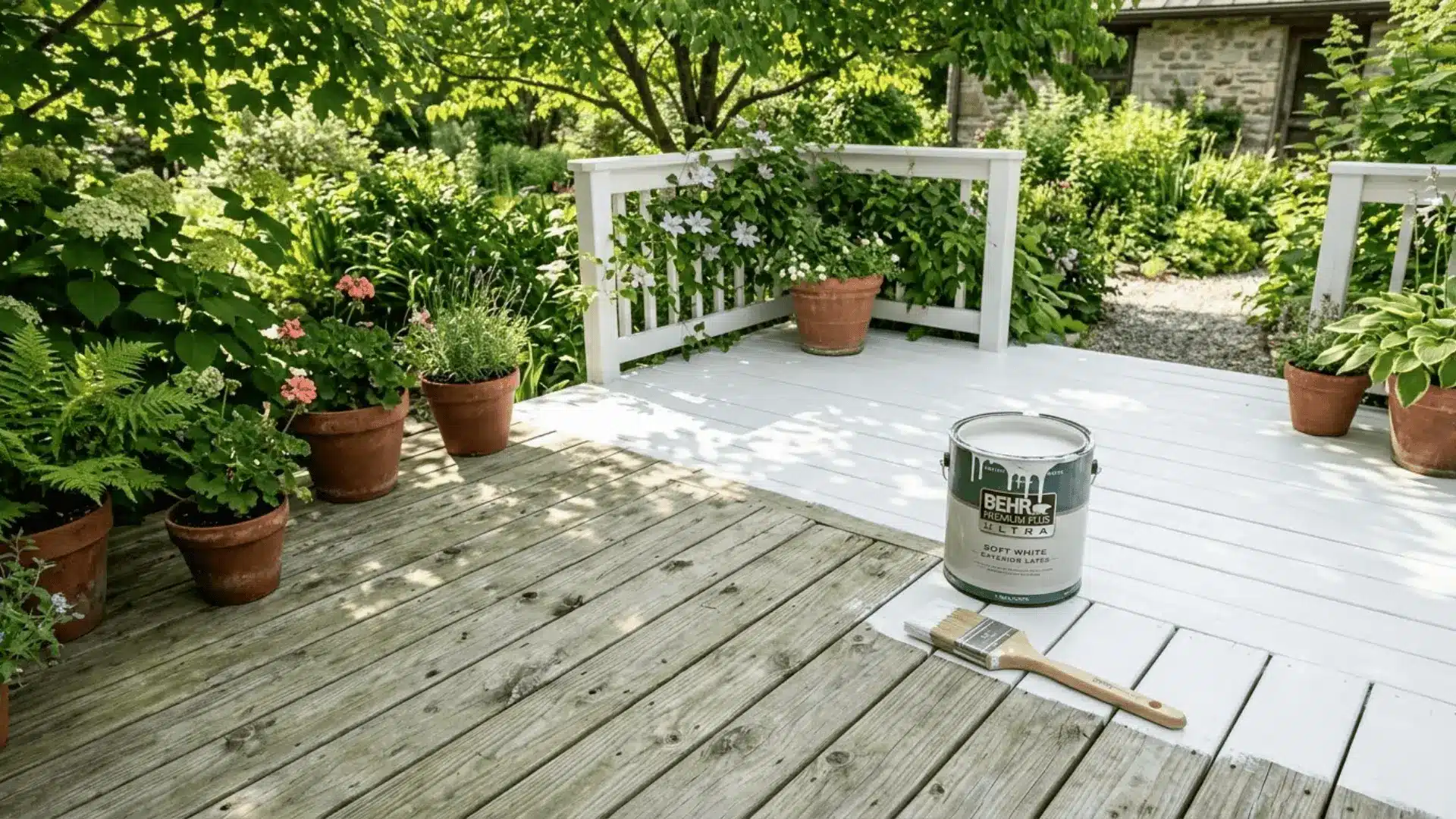 pressure-treated wood deck partially painted white with a paintbrush and open paint can in natural sunlight