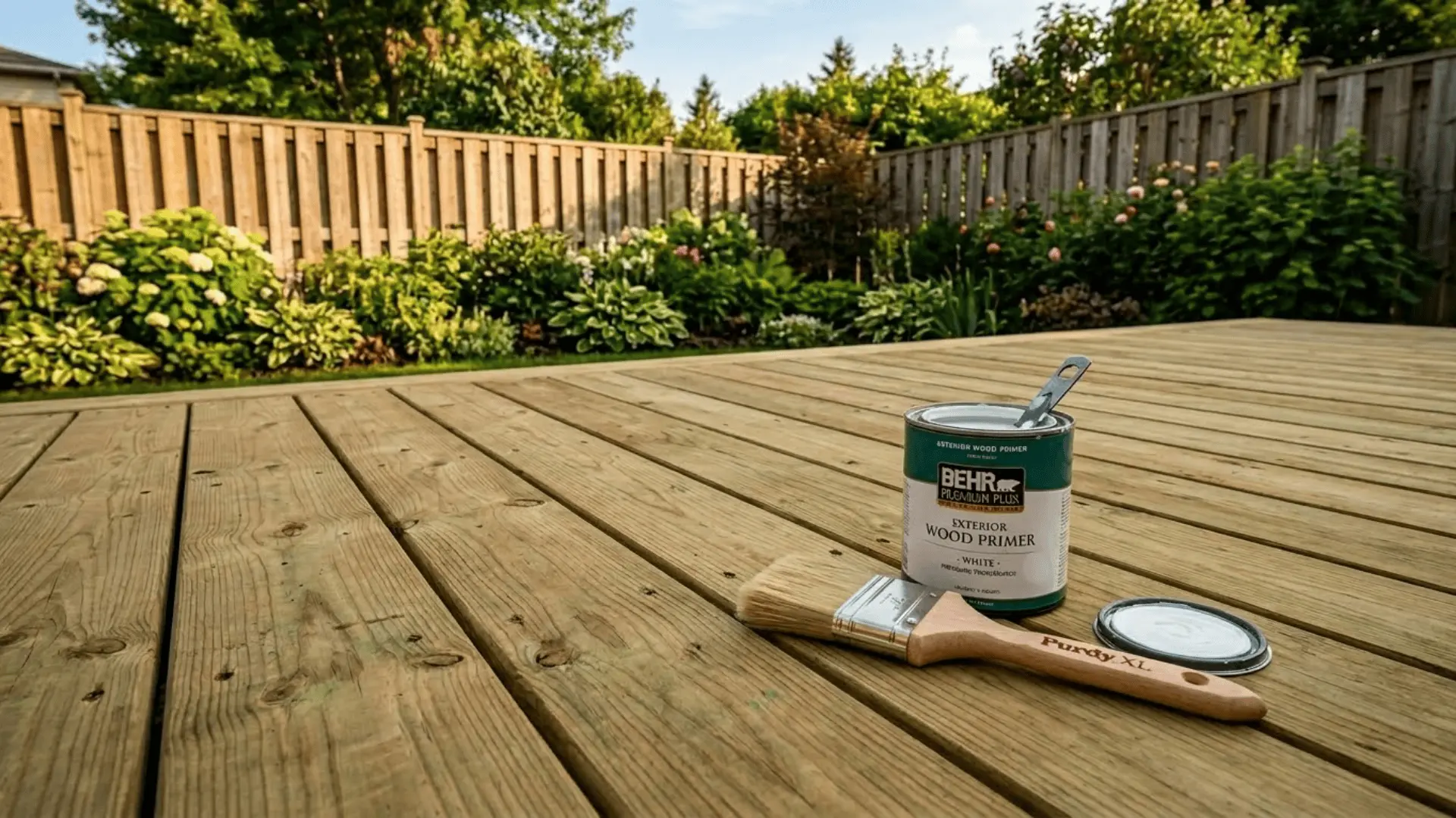 pressure-treated wood deck with paintbrush and primer can ready for painting on a sunny afternoon
