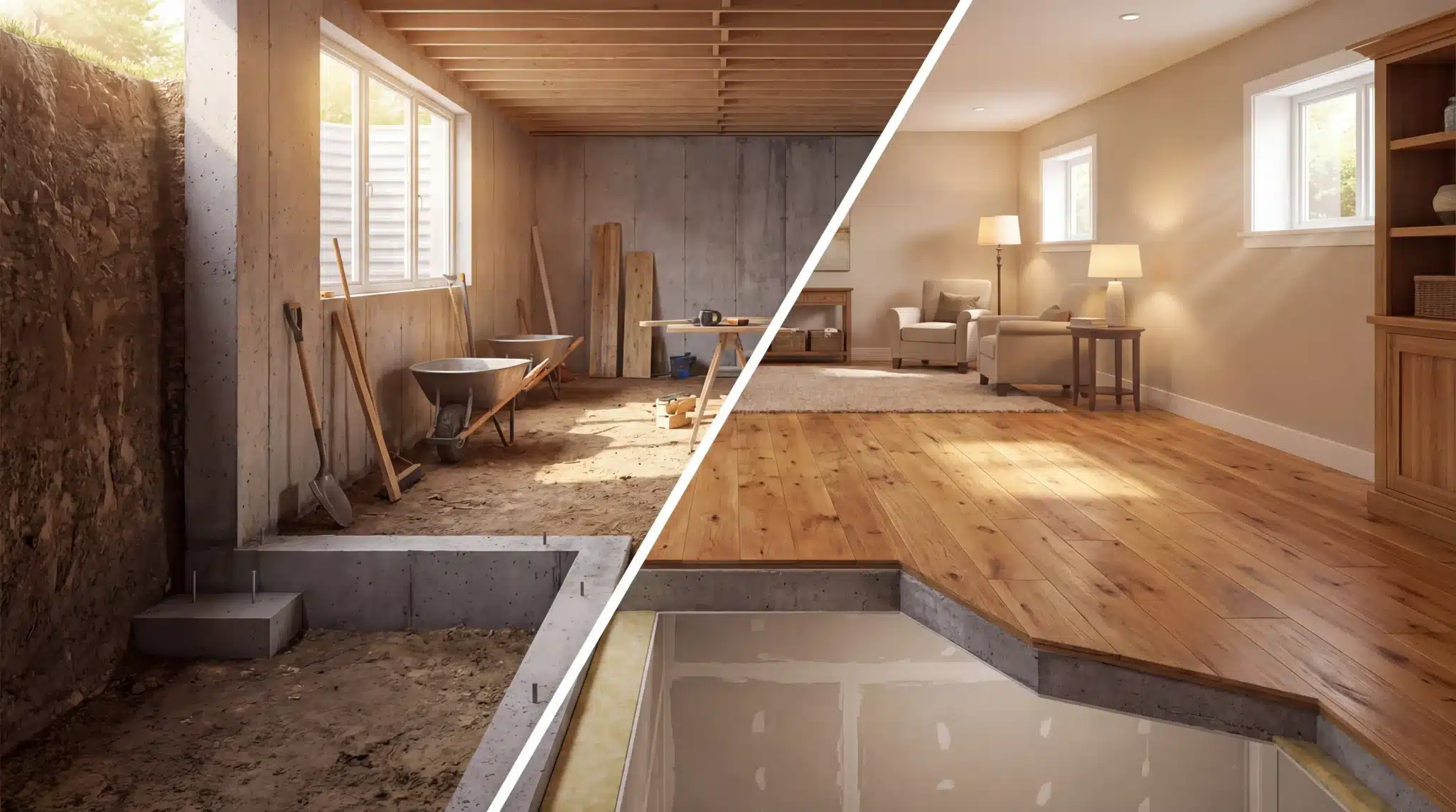 Unfinished basement with tools transitioning into a cozy furnished living room with wooden floor