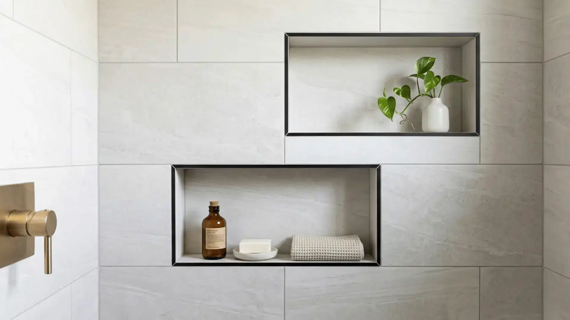 recessed shower niches with porcelain tile surround holding soap and a small plant