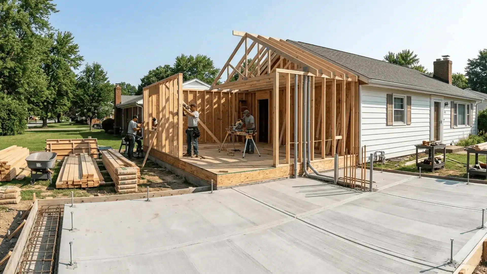 residential home addition under construction showing foundation, framing, plumbing, and roofline in natural daylight