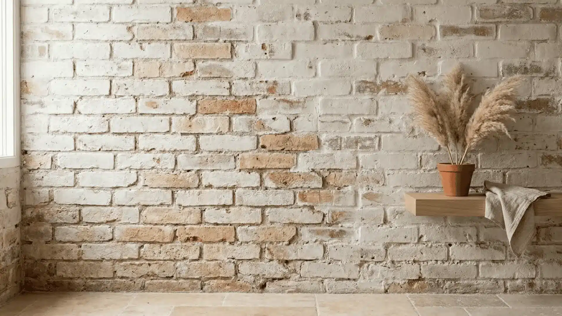 rustic interior brick wall with soft chalky white limewash finish showing natural terracotta undertones in warm light