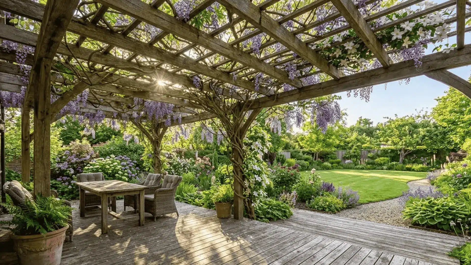 rustic wood pergola covered in wisteria and clematis vines over a sunny backyard deck