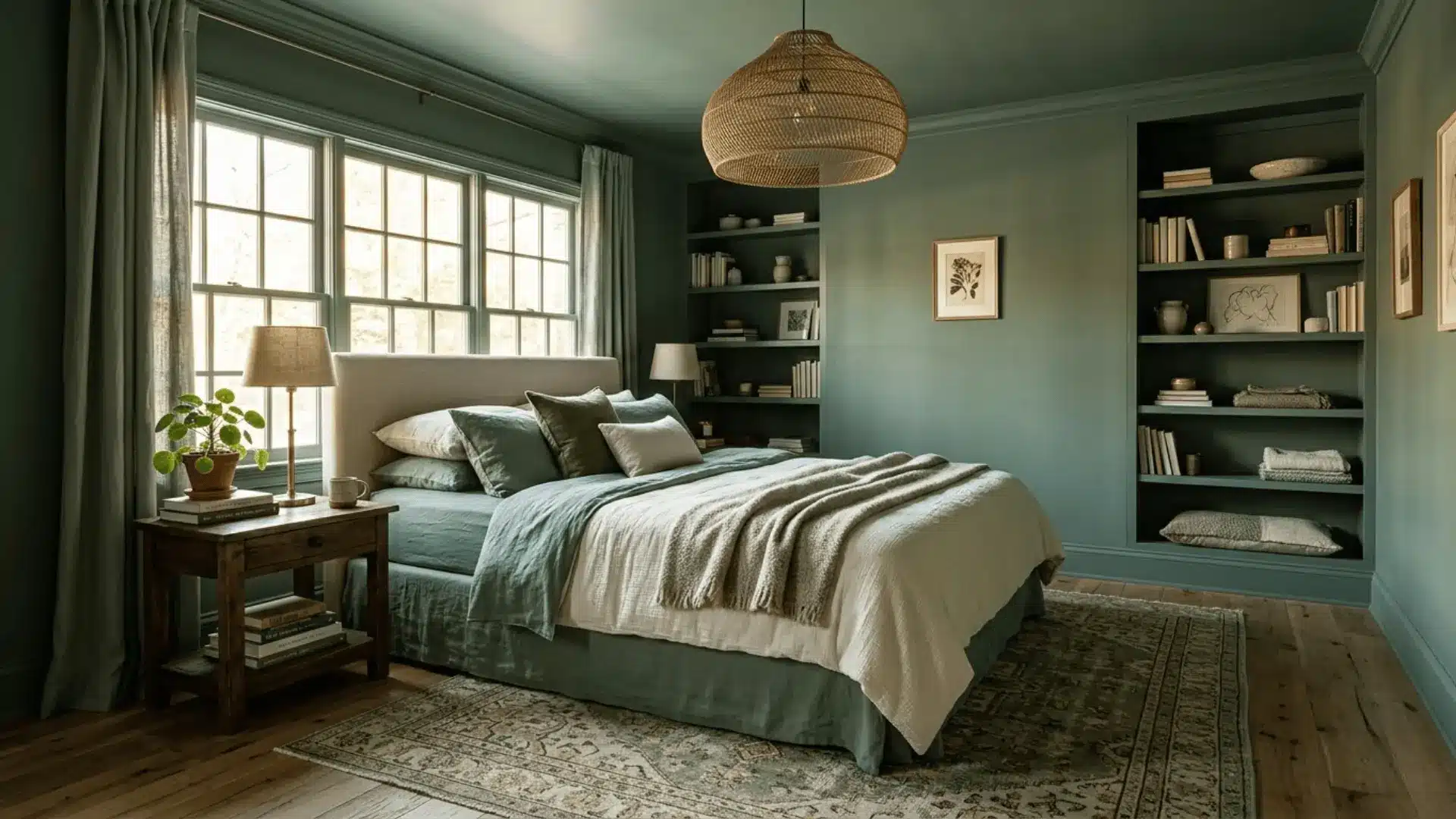 sage green color drenching bedroom with linen bedding woven pendant and warm afternoon light