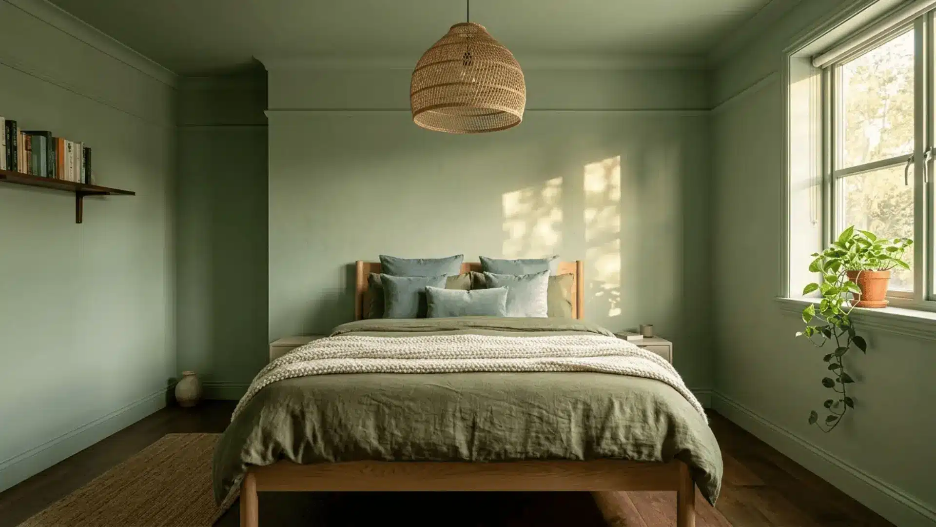 sage green color drenching bedroom with olive linen bedding and natural wood accents