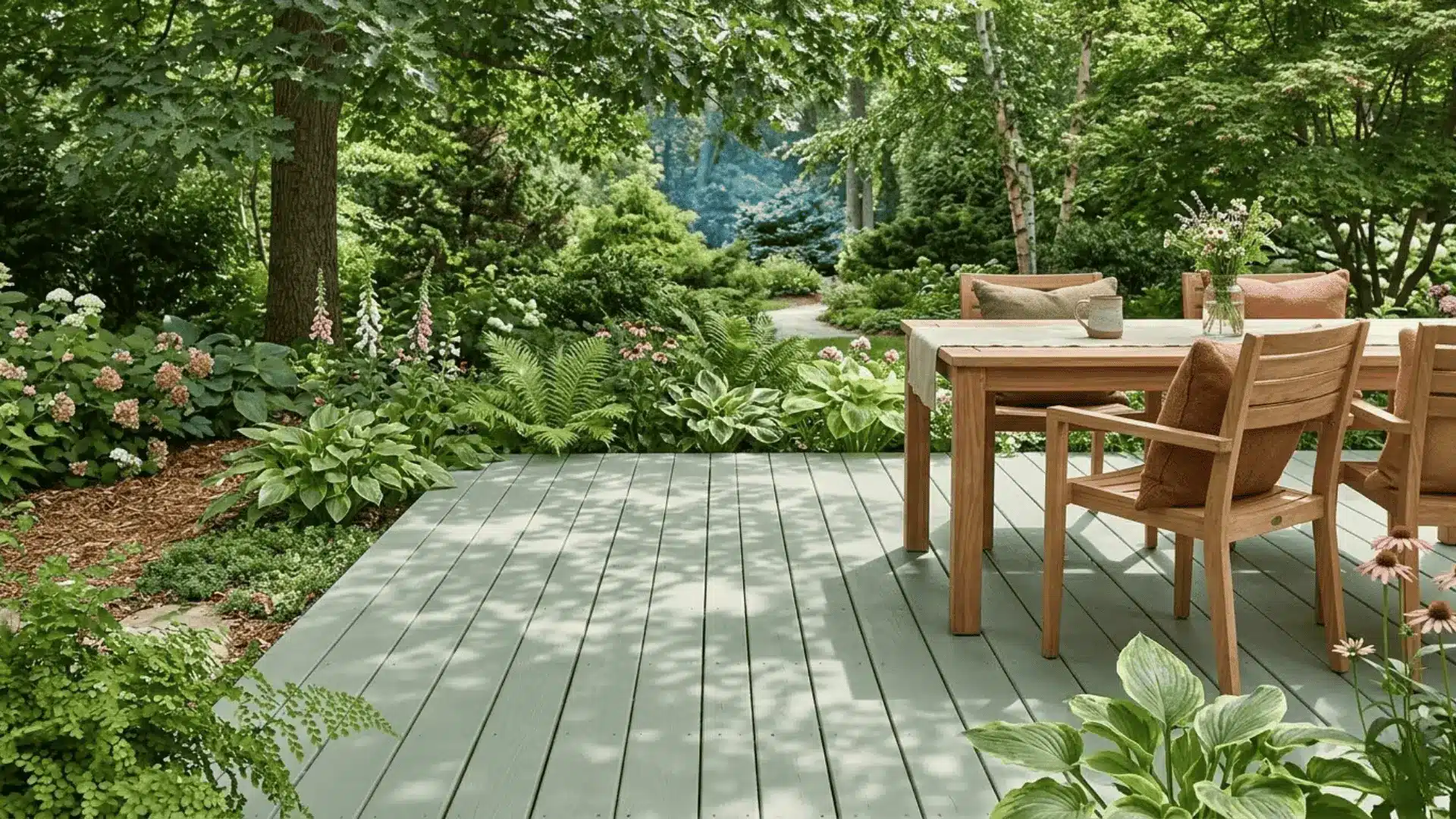 sage green painted deck surrounded by lush garden ferns and dappled natural light