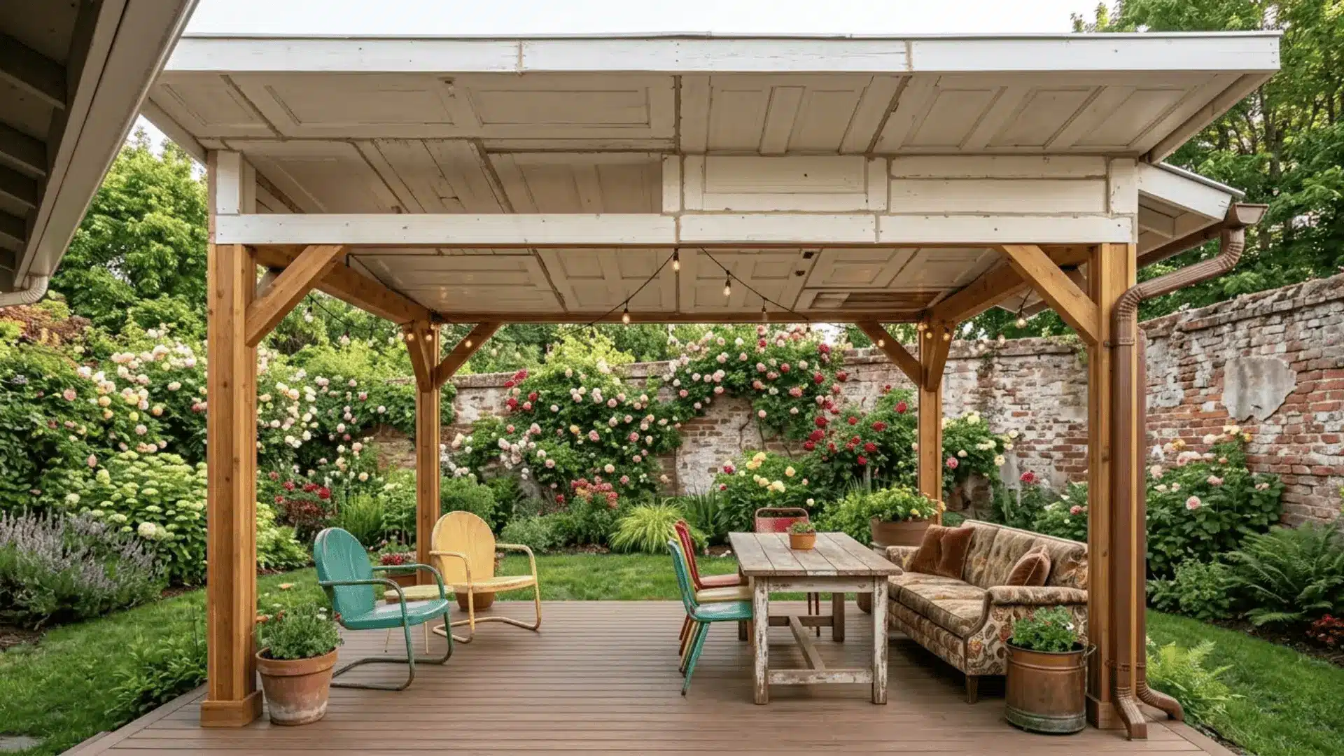 salvaged door and reclaimed wood panels painted white forming a unique roof over a backyard deck