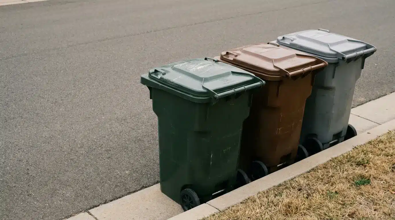 Three garbage bins in green, brown, and blue lined up on a residential street curb