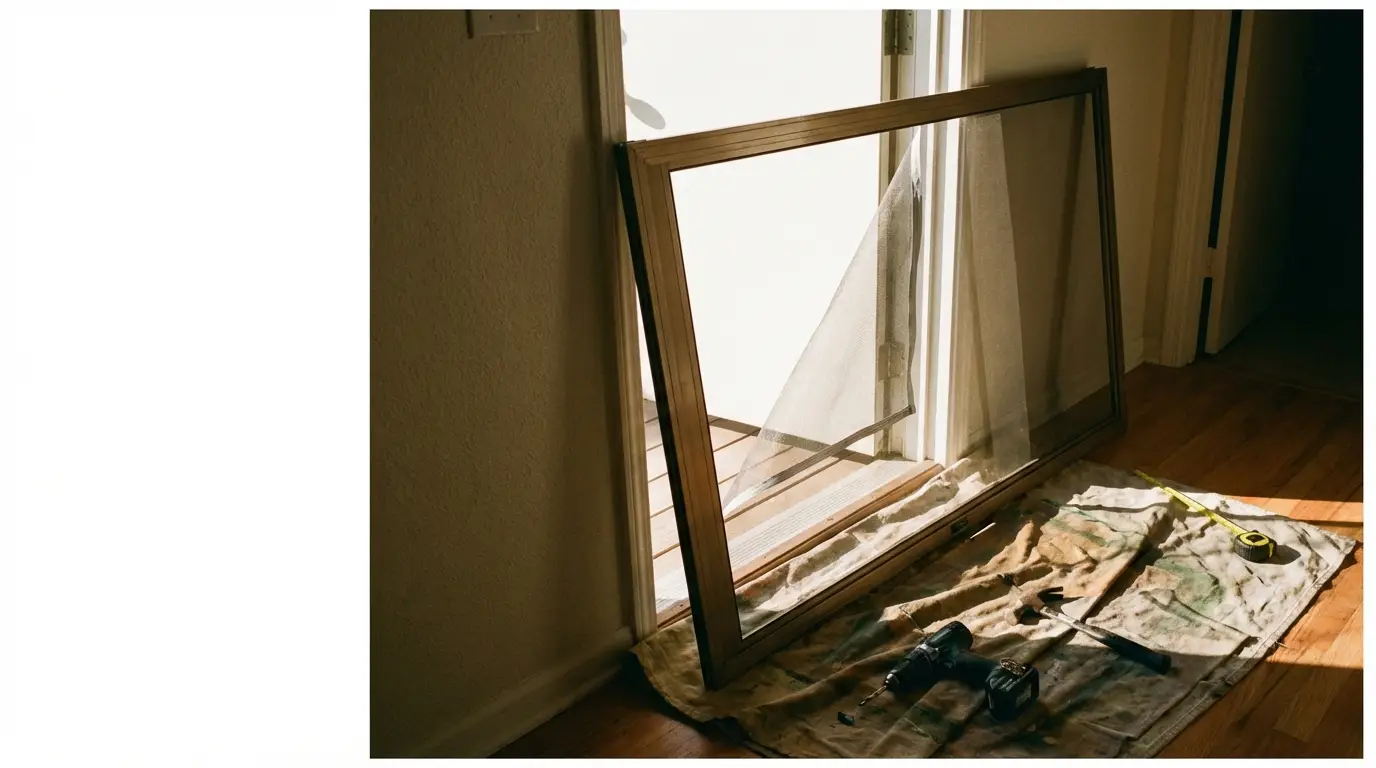 Screen door repair supplies including drill and tape measure on tarp in sunlit room