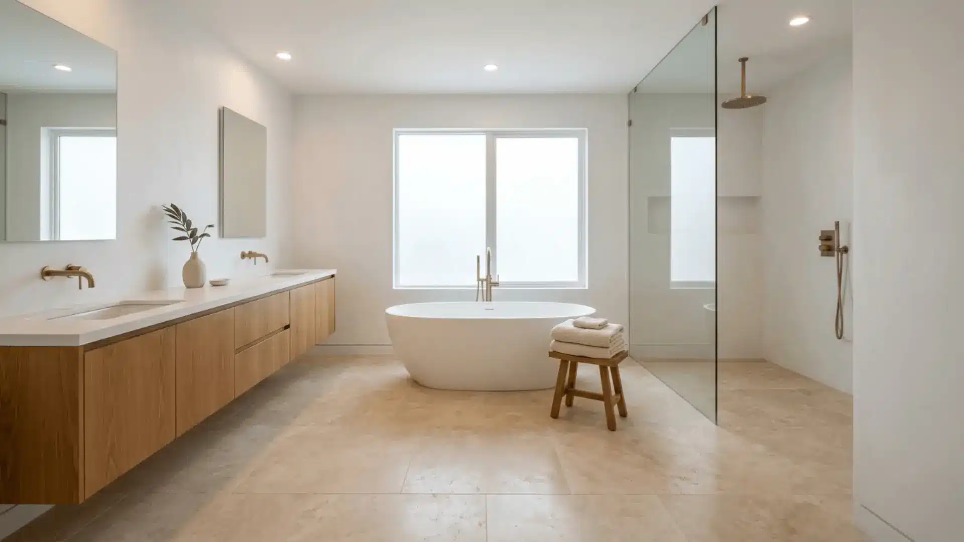 serene master bathroom with freestanding tub, oak vanity, travertine floors, and soft natural morning light