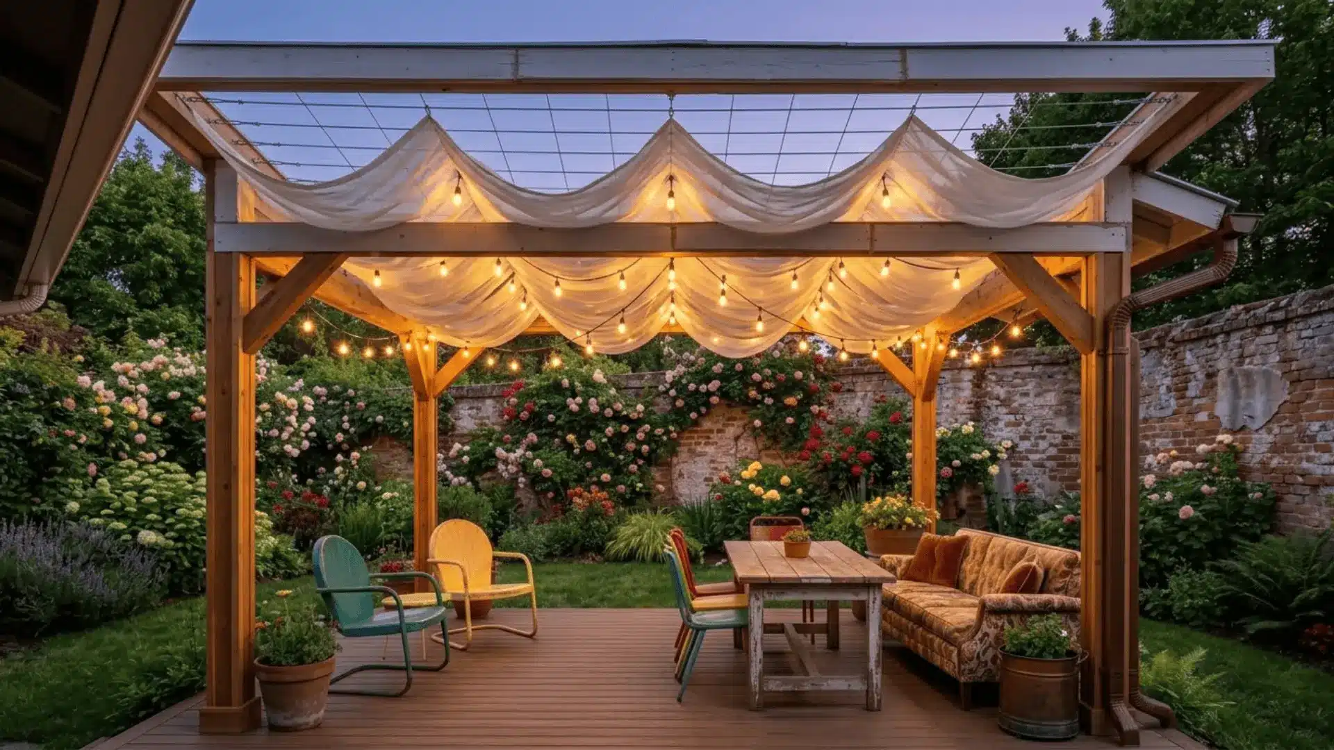 sheer ivory fabric and warm edison string lights draped over a wire grid on a deck at dusk