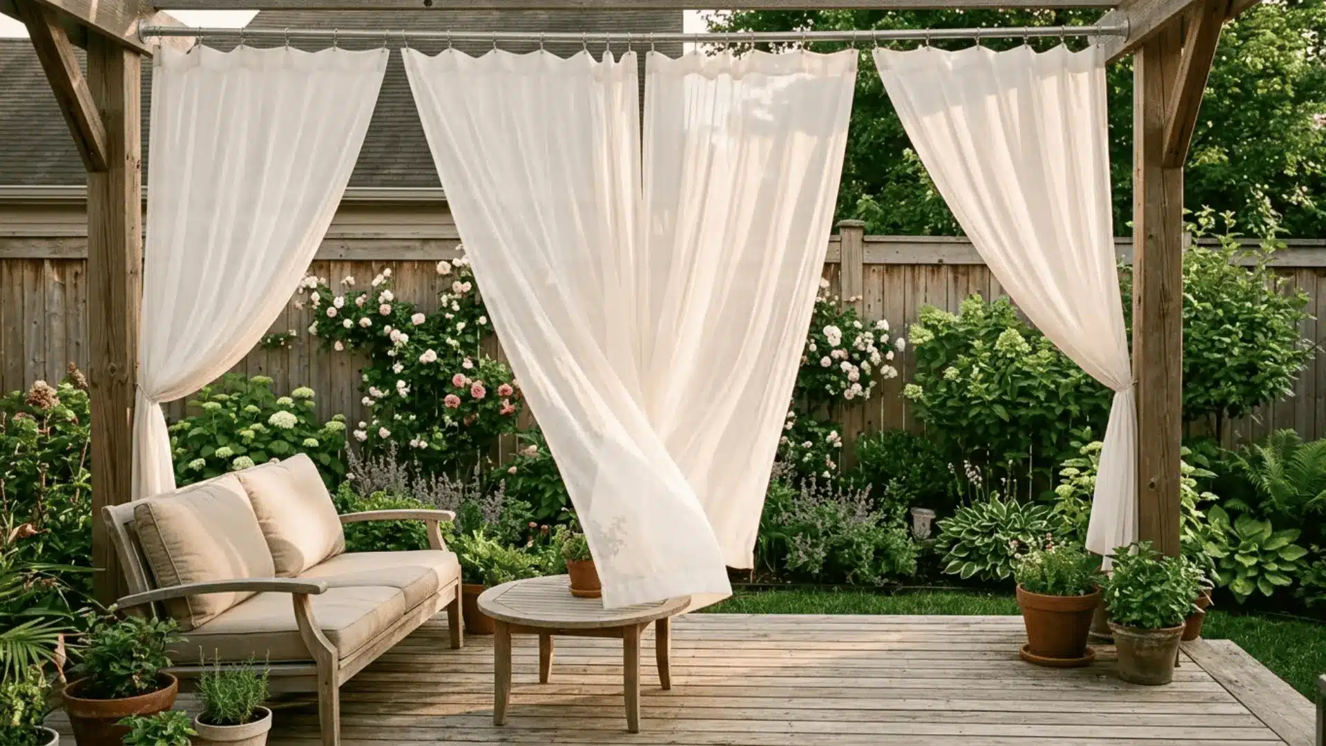 sheer ivory outdoor curtain panels billowing in the breeze on a warm backyard deck