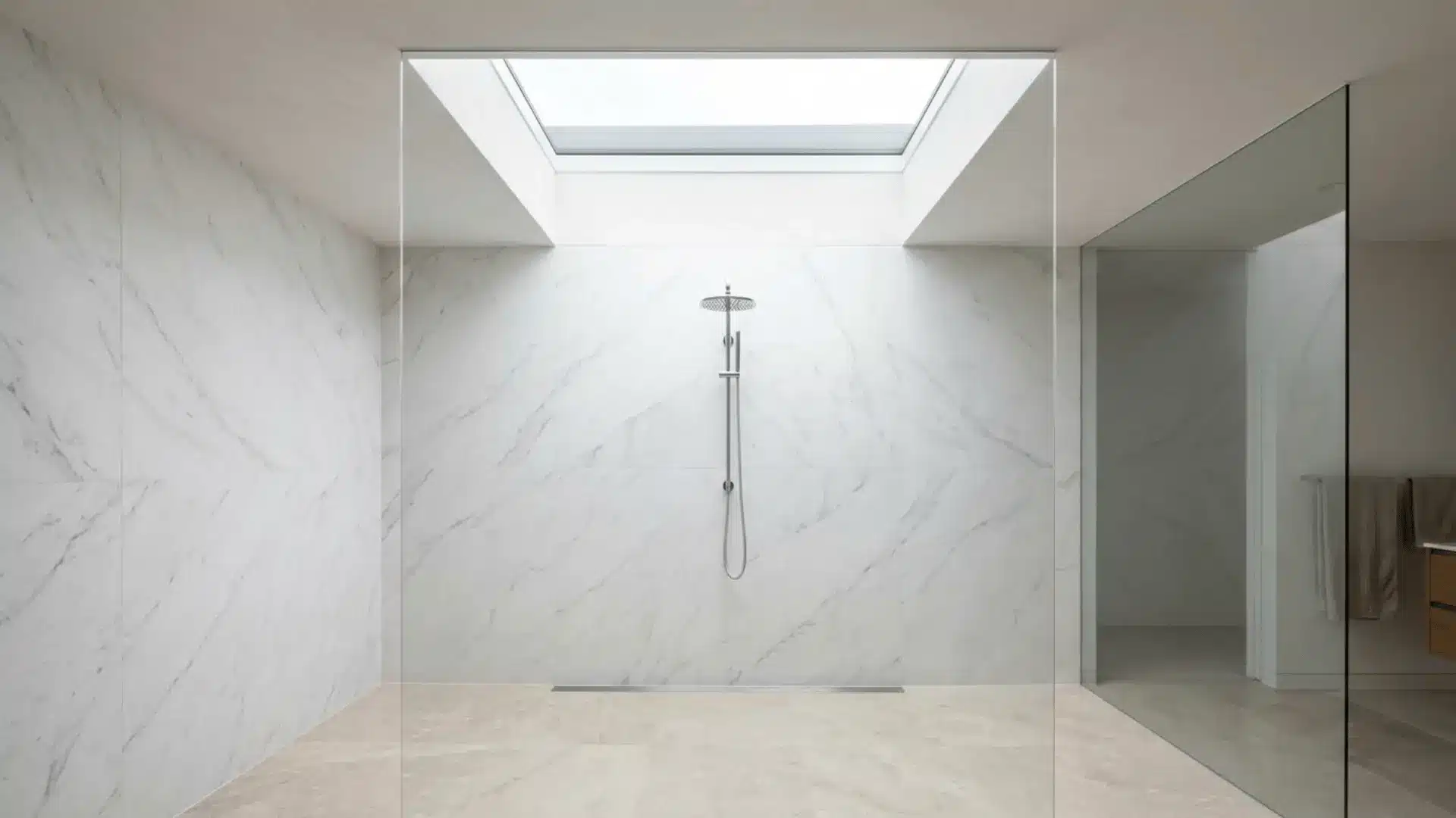shower with skylight flooding natural light onto white marble walls and beige stone floor