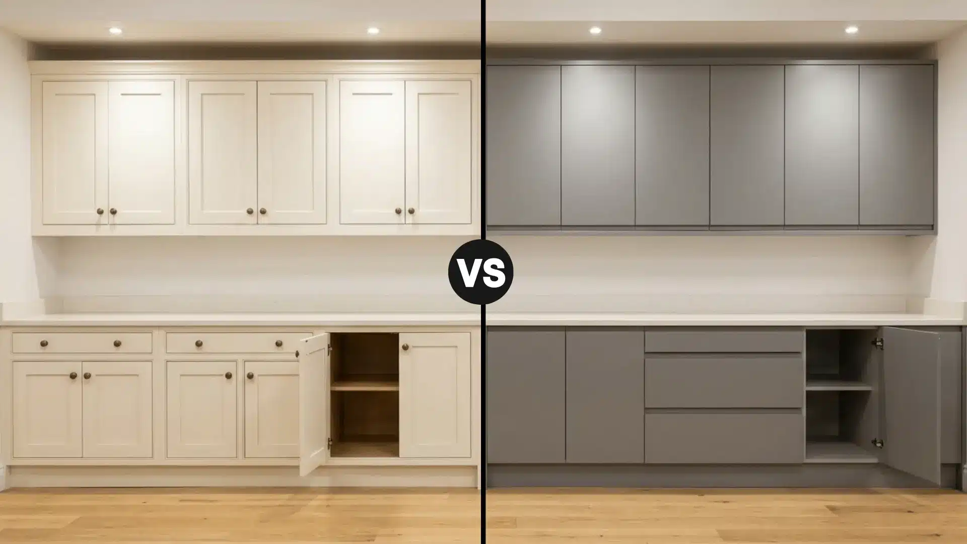 side by side comparison of framed and frameless kitchen cabinets in a well-lit showroom setting