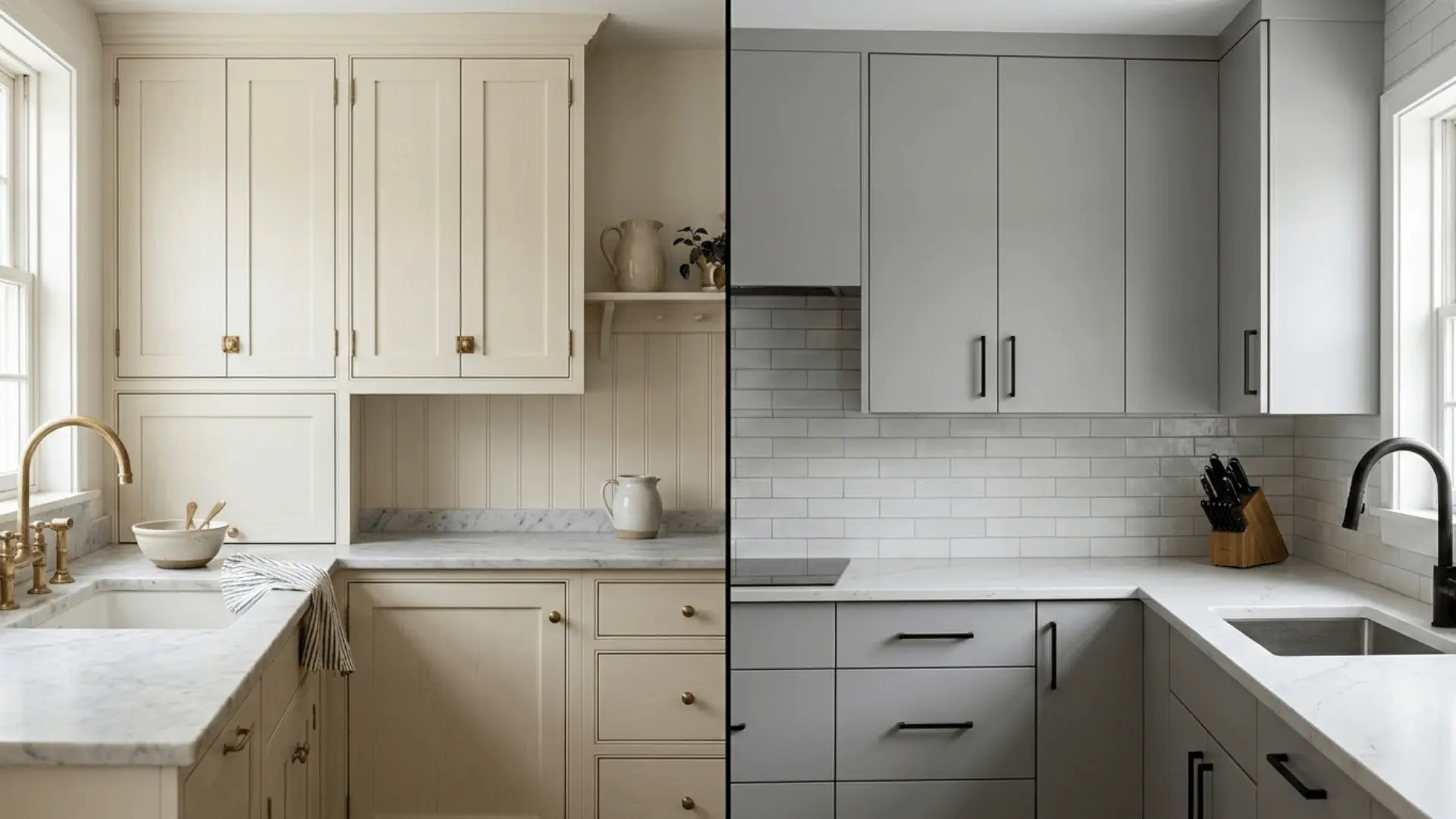 side-by-side comparison of inset and full overlay kitchen cabinets in natural light