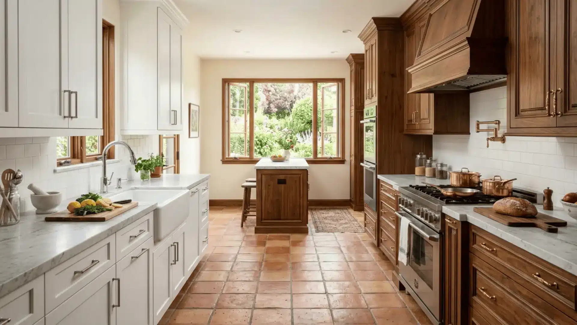 side-by-side comparison of white shaker cabinets and walnut traditional cabinets in a bright kitchen