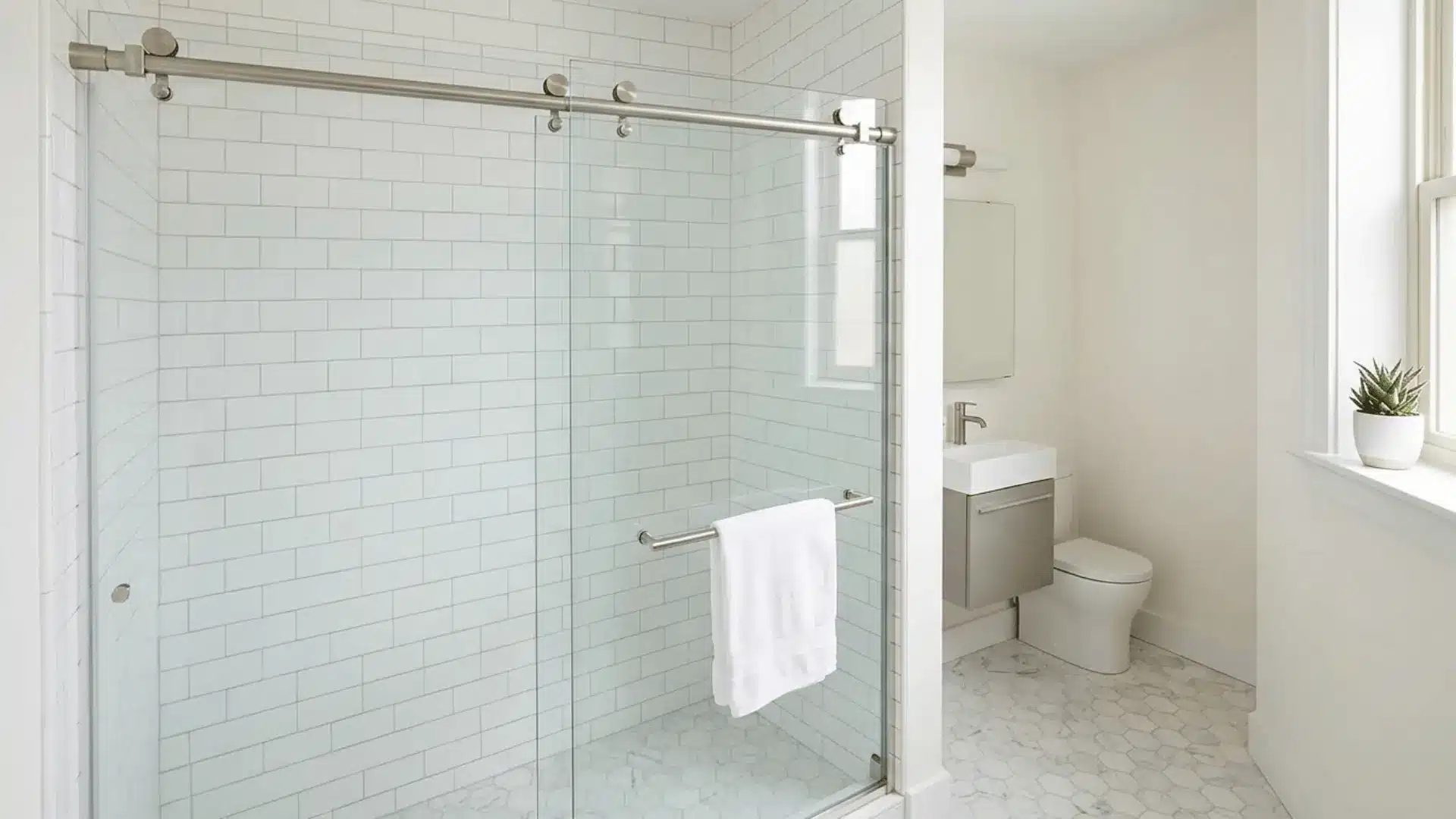 sliding glass shower door on brushed nickel track with white subway tile interior