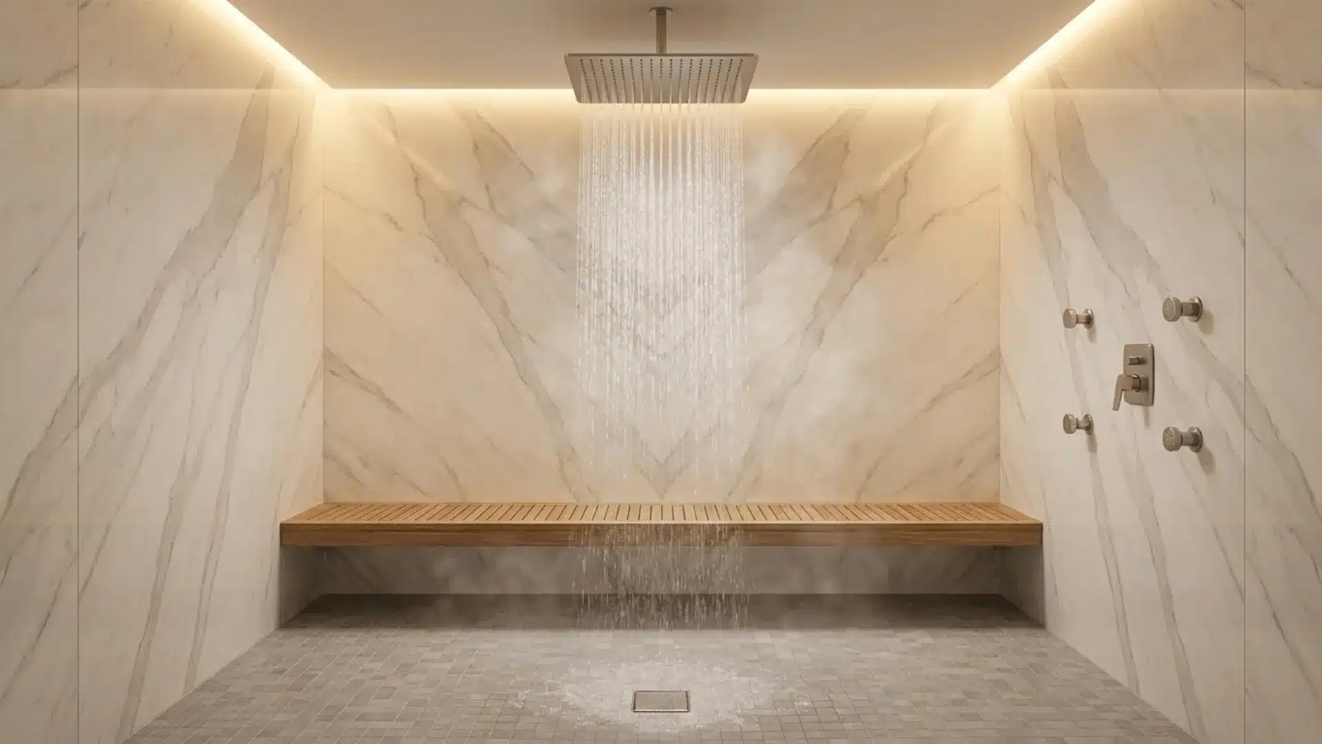 spa-style shower with ceiling rainfall showerhead, marble walls, and teak bench