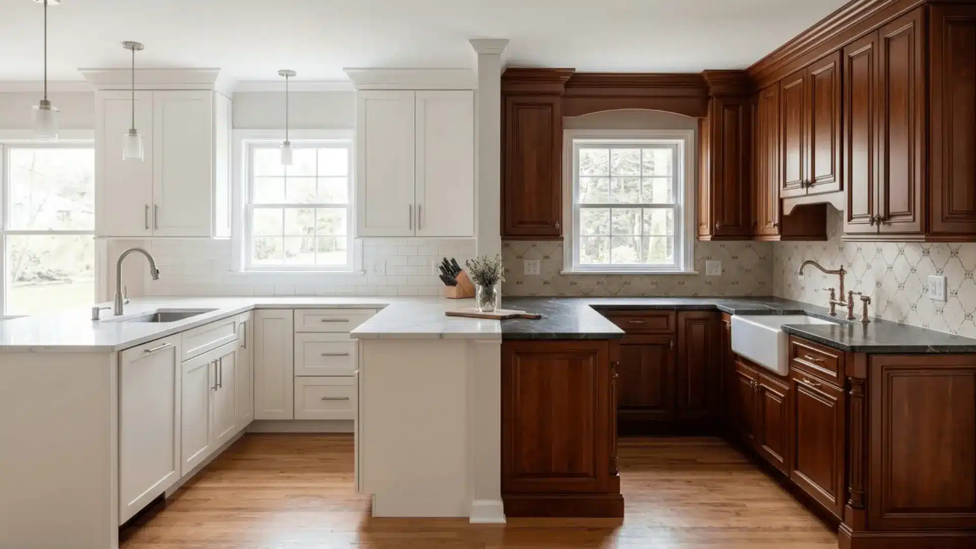 split image comparing white shaker cabinets and cherry wood traditional cabinets in two styled kitchens