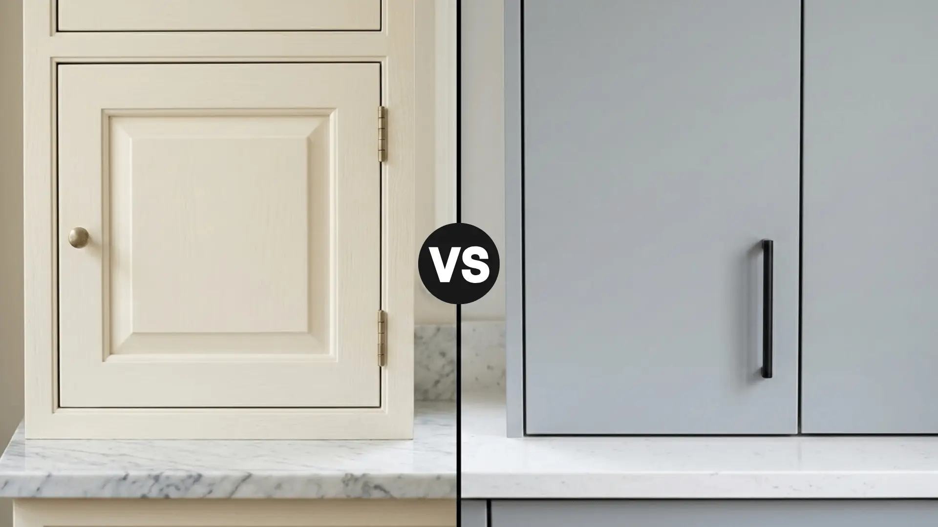 split image showing inset cabinet with visible recessed door and frame border versus frameless full overlay cabinet door