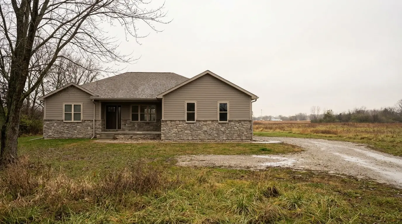 Single-story stone house with grey siding on a grassy plot under overcast sky