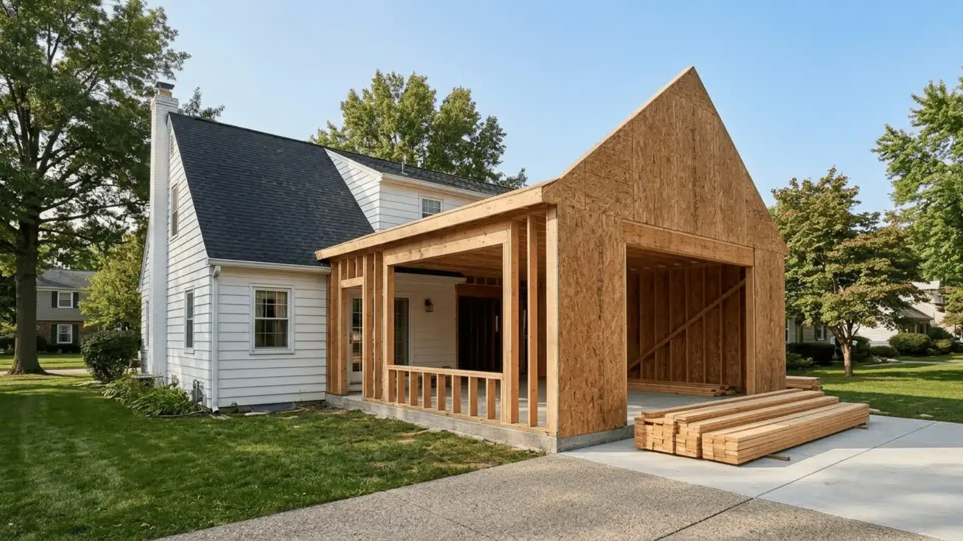 sunlit home addition framing extending from a white suburban house with a clear sky and green yard.