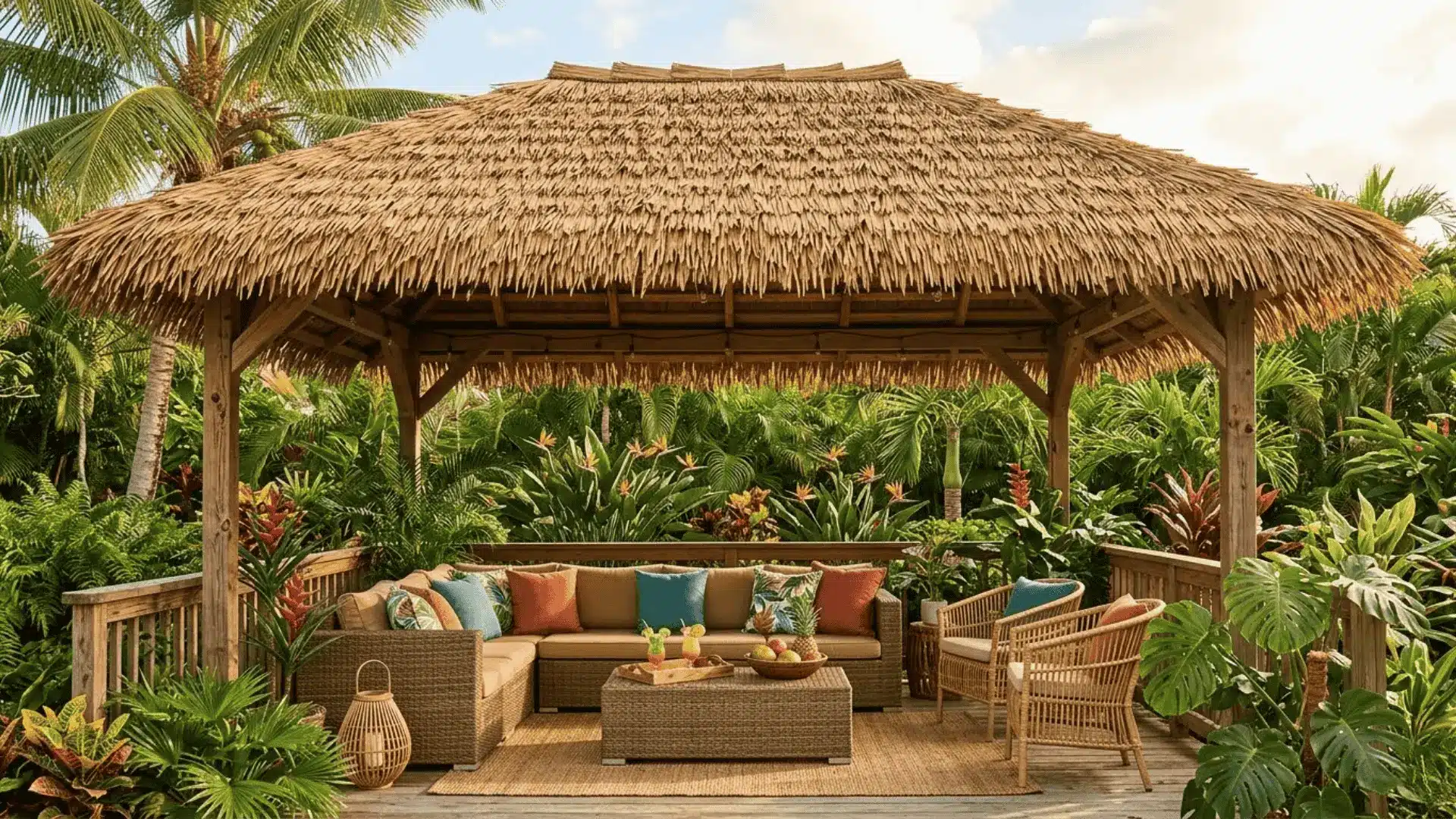 synthetic golden brown thatch roof panels over a resort style backyard deck with rattan furniture