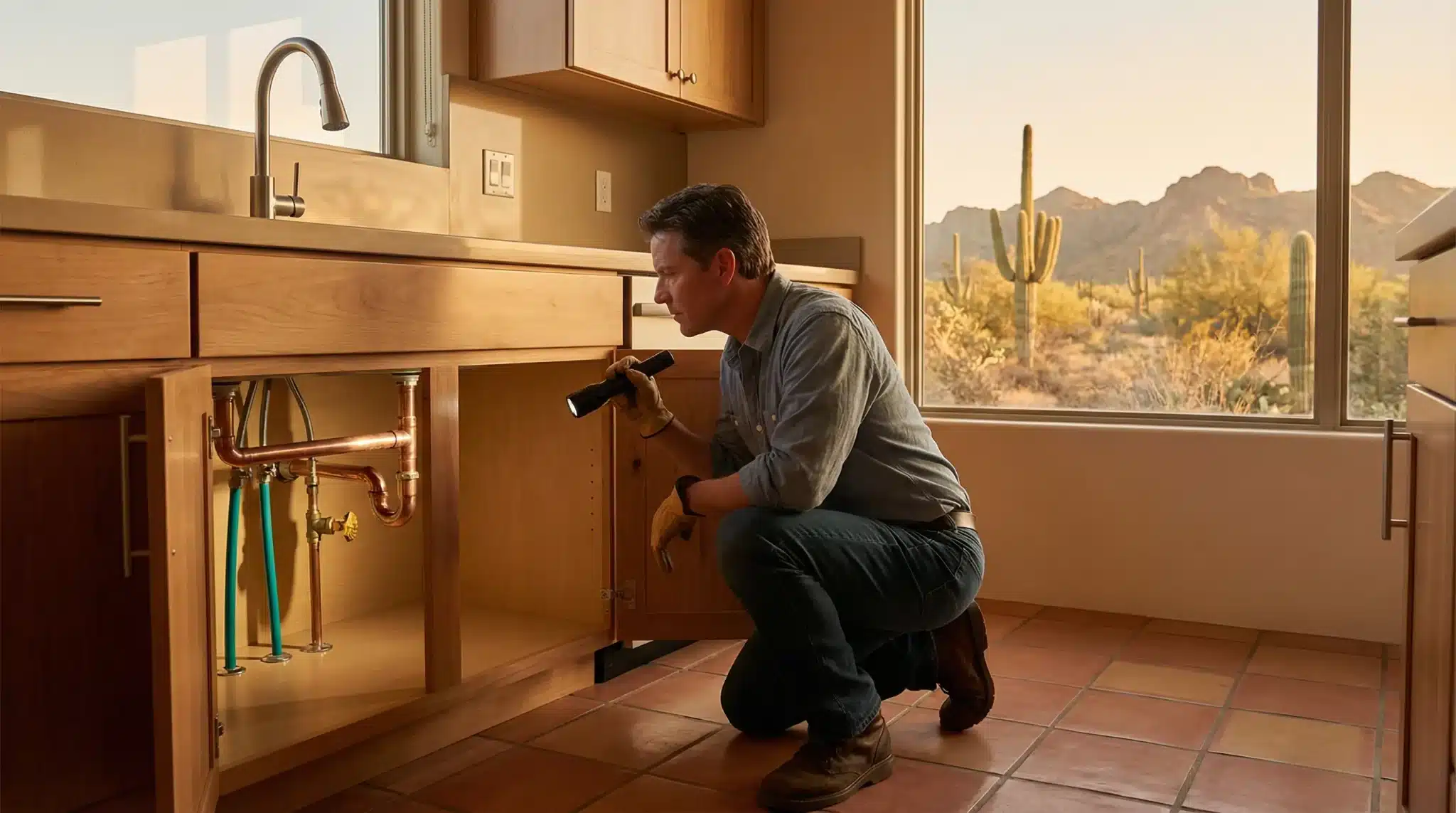 Man inspecting plumbing under kitchen sink with flashlight in desert home setting