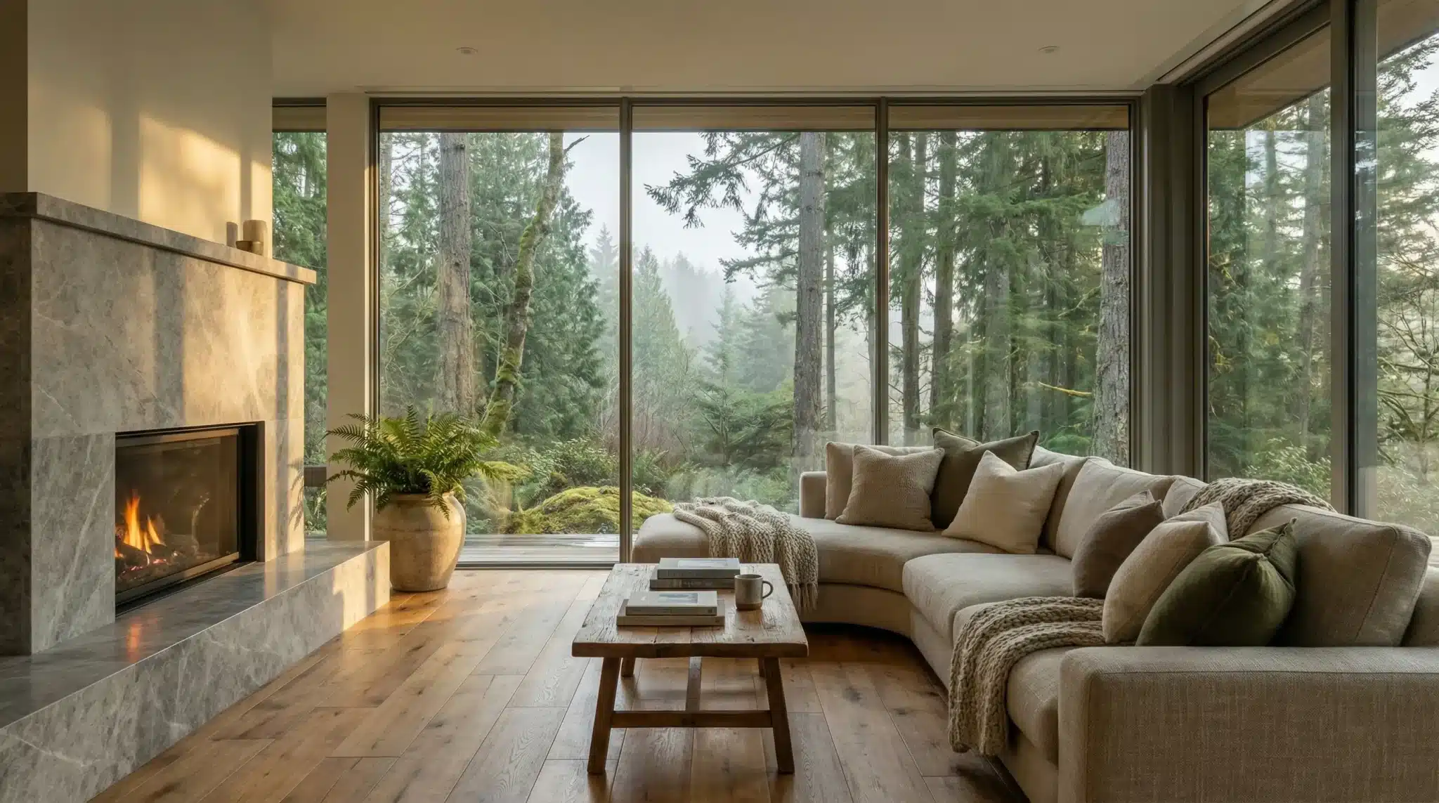 Modern living room with large windows, beige sectional sofa, and a stone fireplace overlooking forest scenery