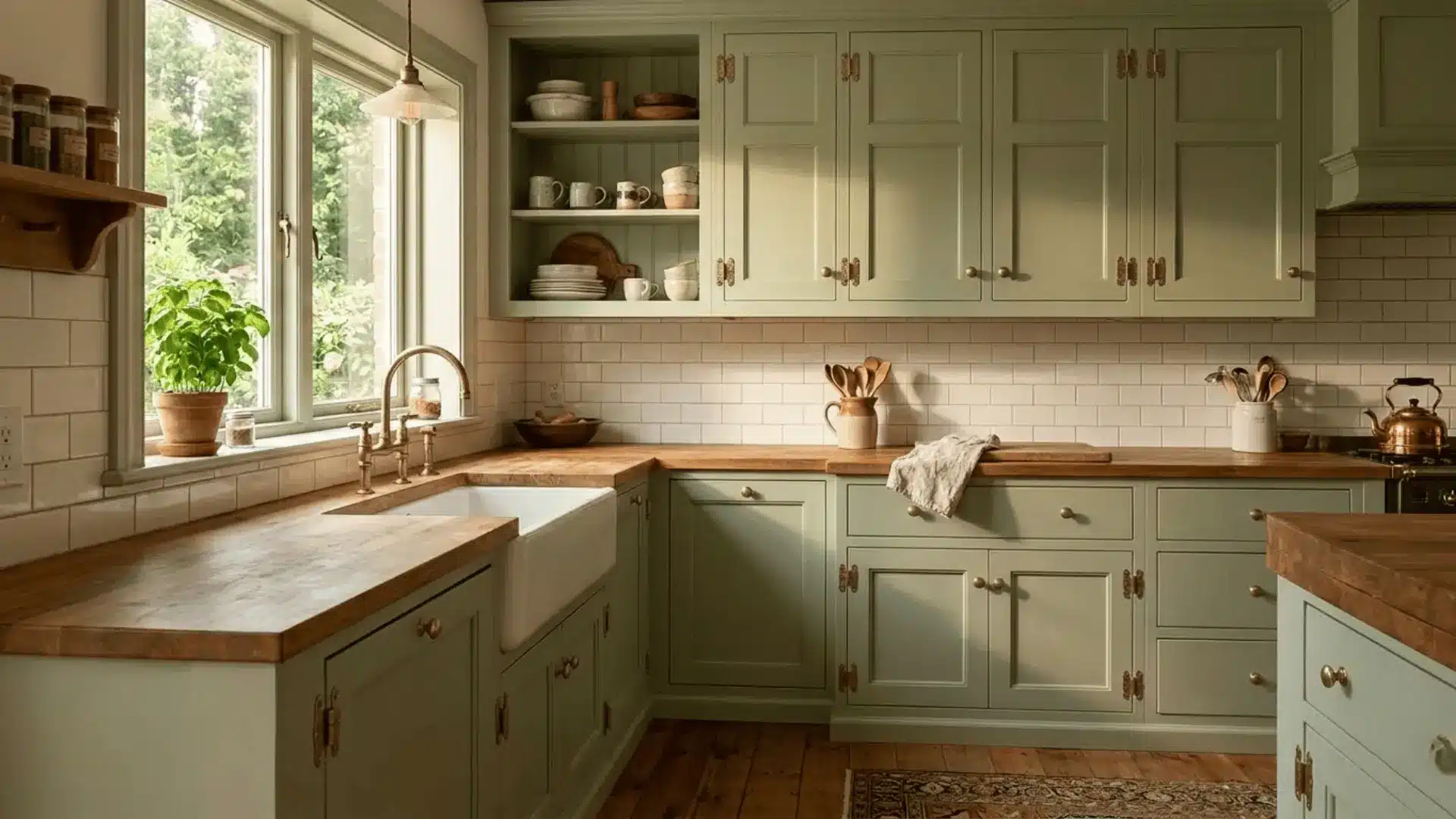 traditional kitchen with inset cabinets in antique white, exposed brass hinges, and marble countertop in warm natural light