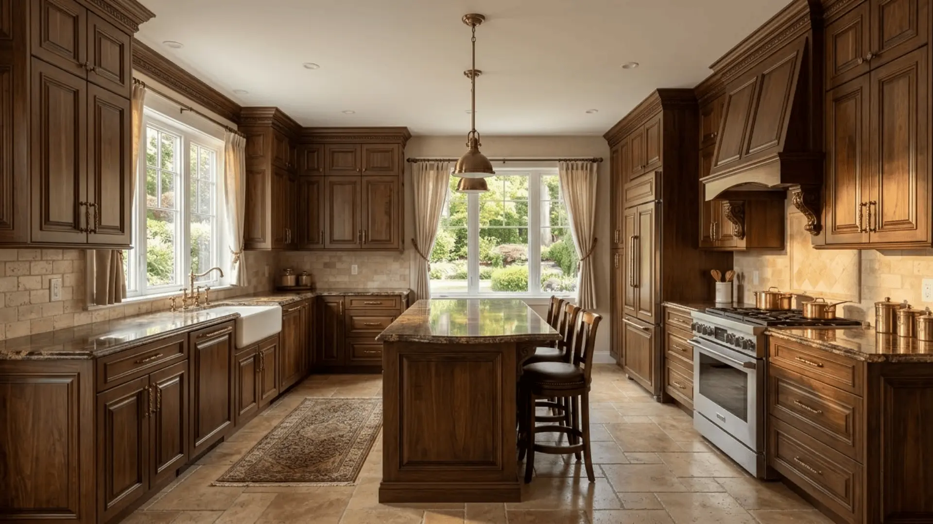 traditional kitchen with walnut raised panel cabinets, brass hardware, granite countertops, and stone tile floor