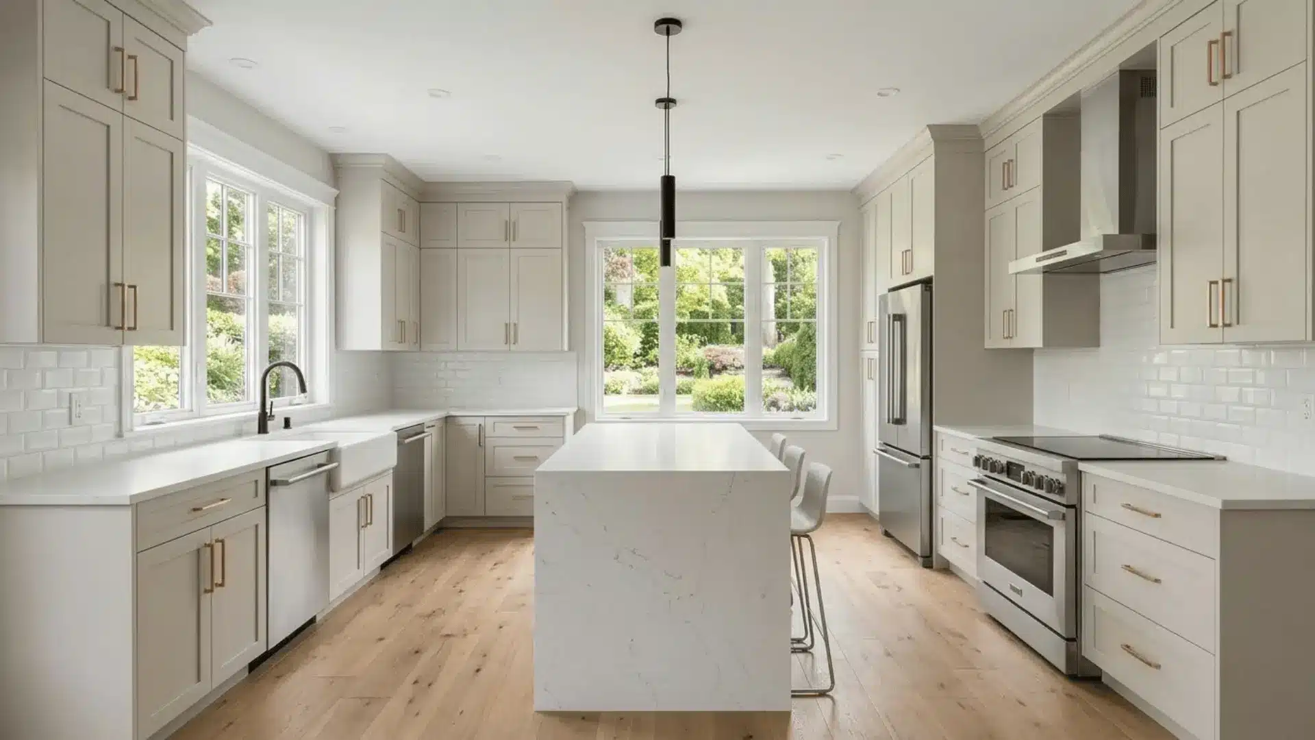 transitional kitchen with greige shaker cabinets, gold hardware, crown molding, and marble countertops