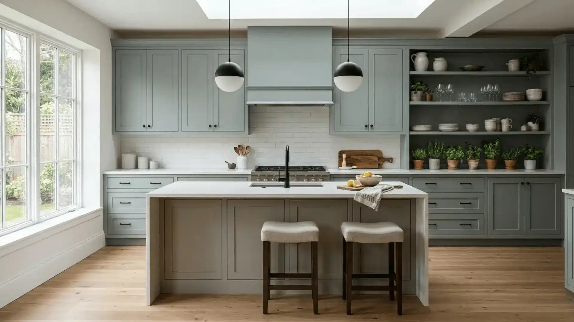 transitional kitchen with shaker inset cabinets in greige, matte black hardware, and quartz countertop in diffused natural light