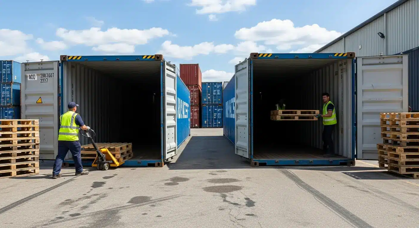 Workers loading pallets into shipping containers in an outdoor warehouse setting