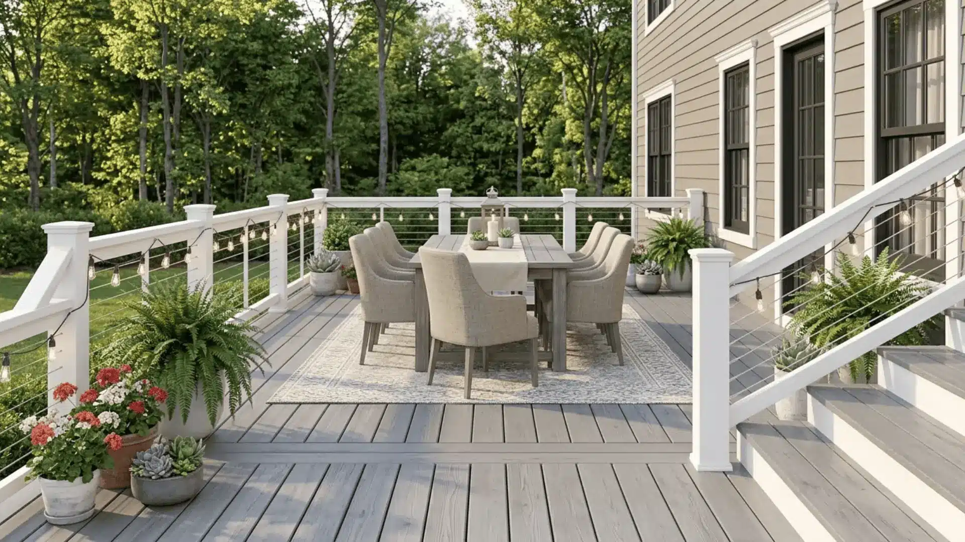 two-tone deck with gray floorboards and white railings on a traditional backyard home