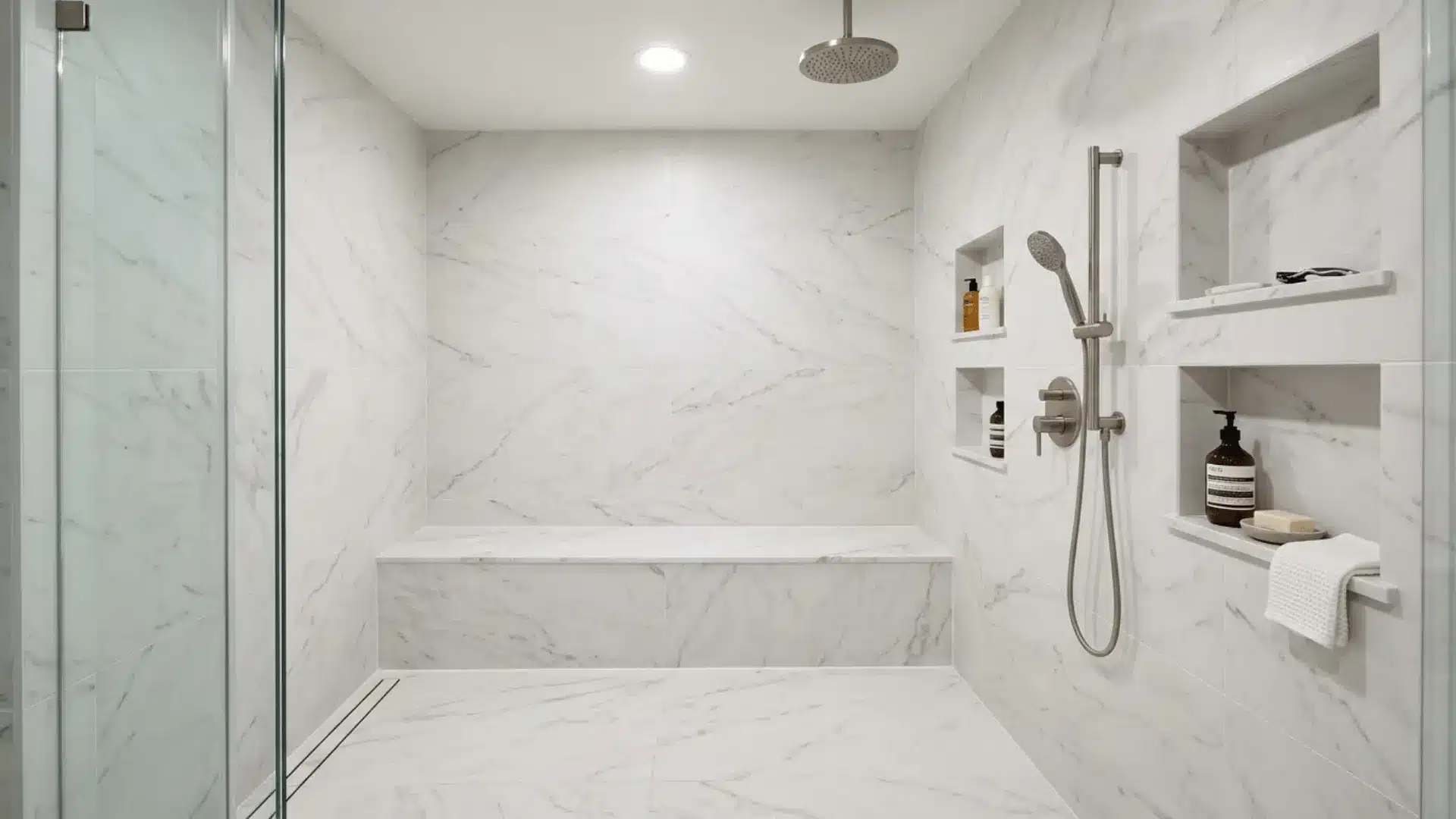 walk-in shower with built-in tiled bench, recessed wall niches, and marble porcelain tile throughout