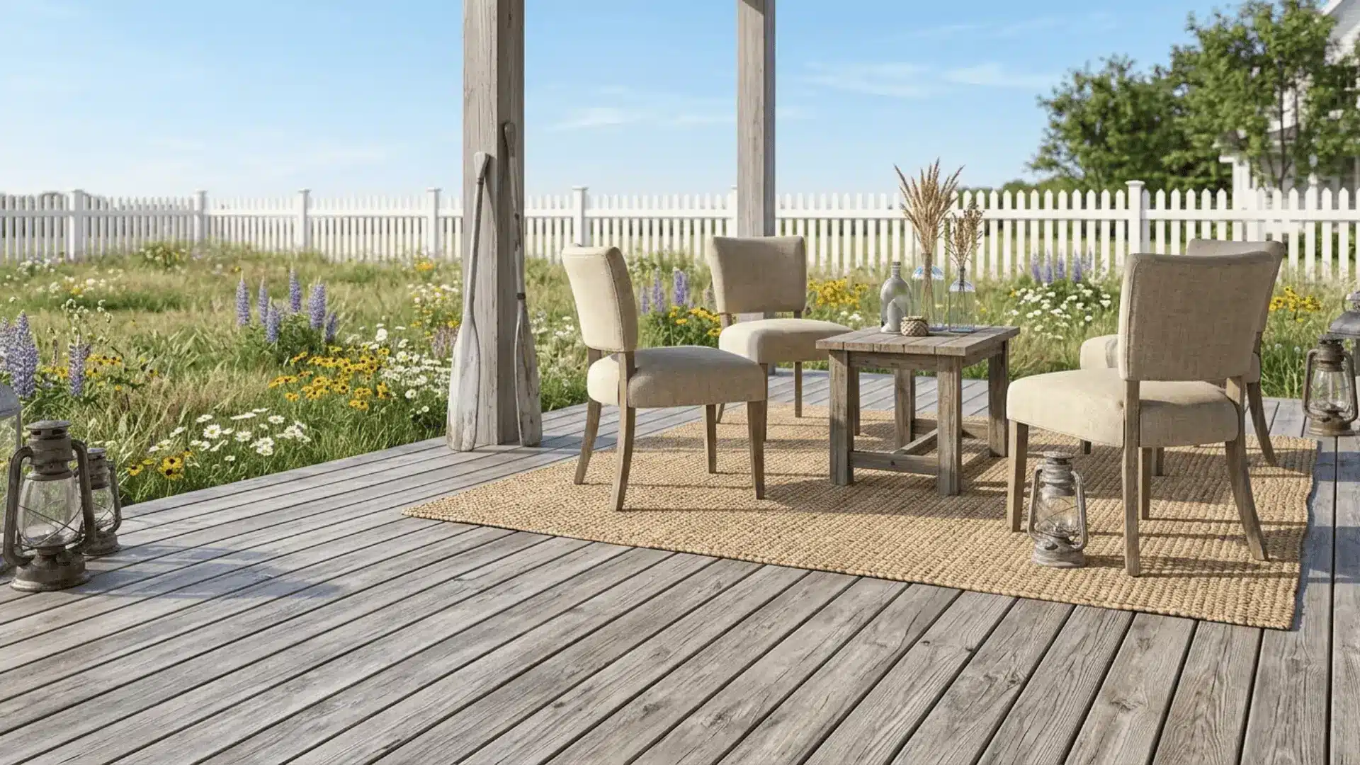 weathered gray driftwood-look deck with farmhouse seating and white fence background