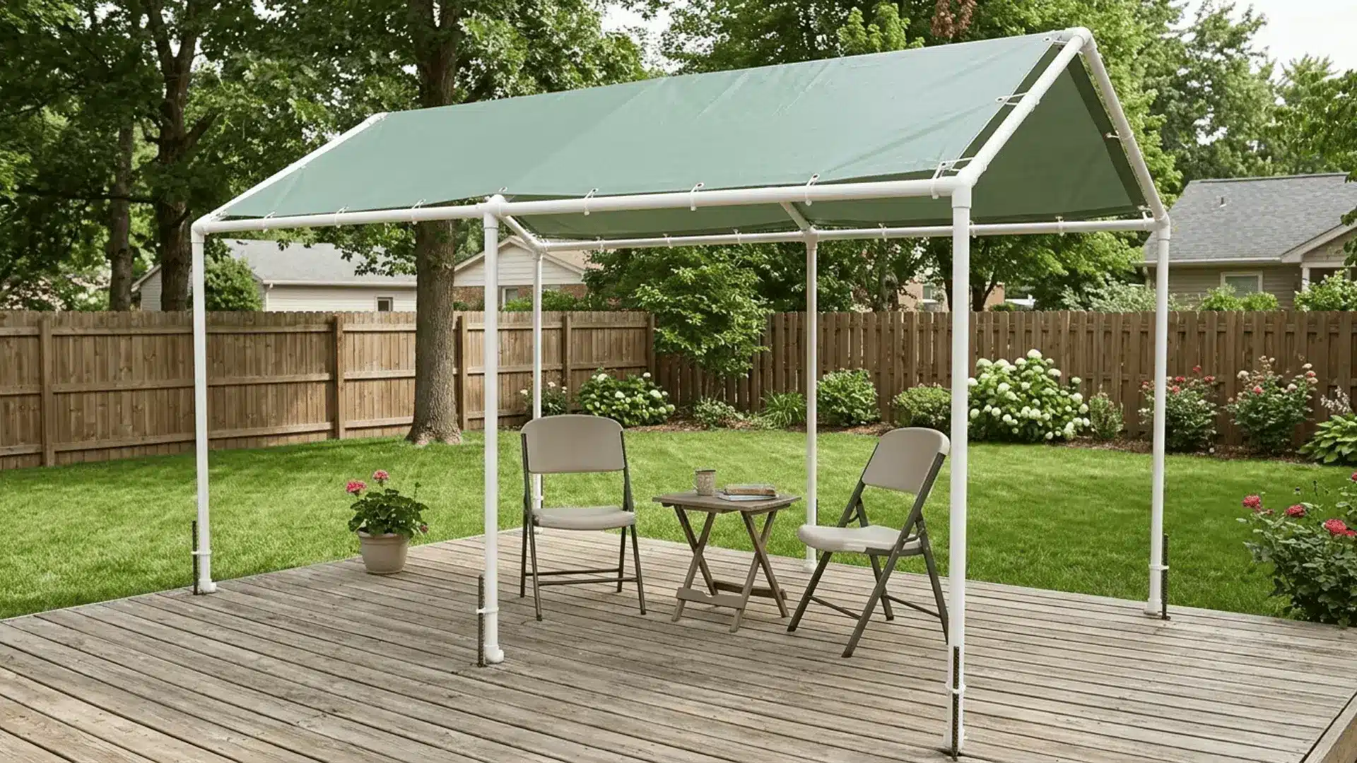 white pvc pipe canopy frame with sage green tarp covering a modest backyard deck