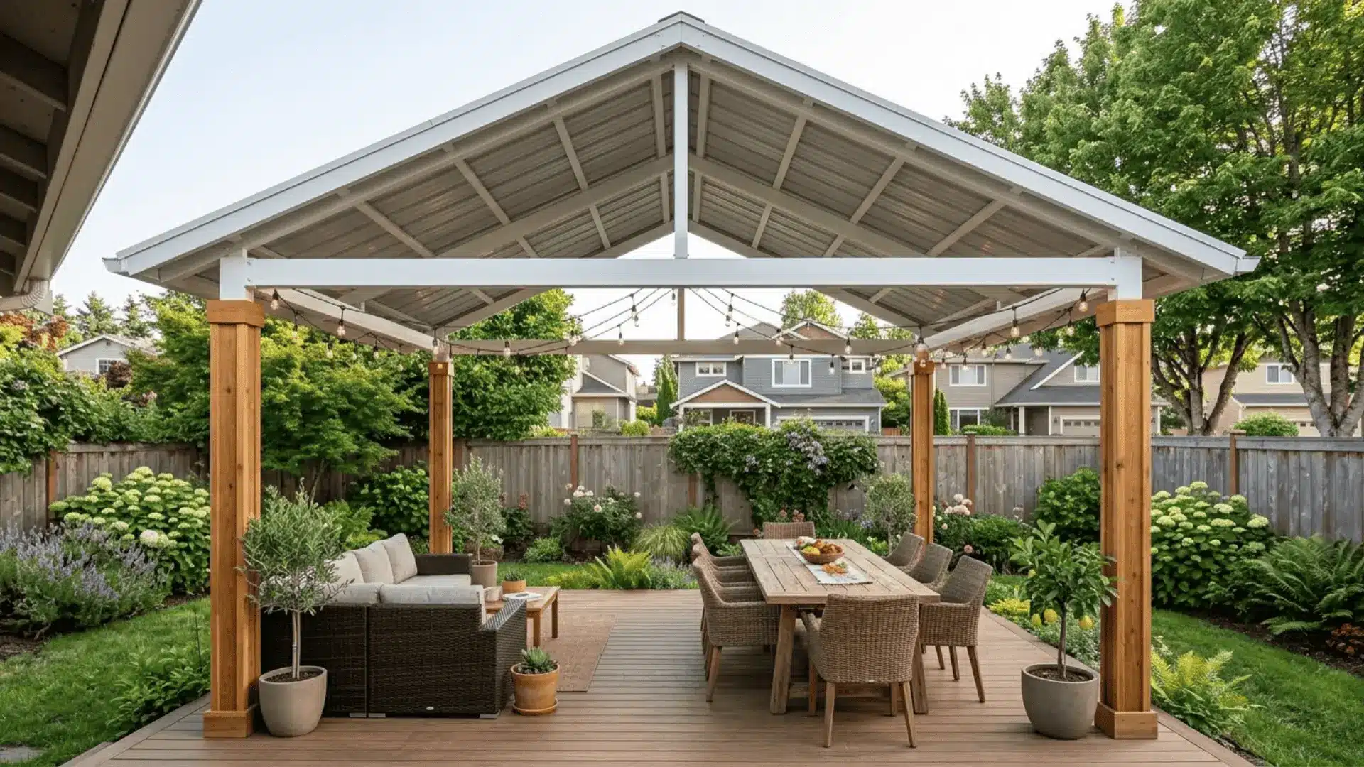 white steel carport structure with cedar wrapped posts and string lights over a backyard deck