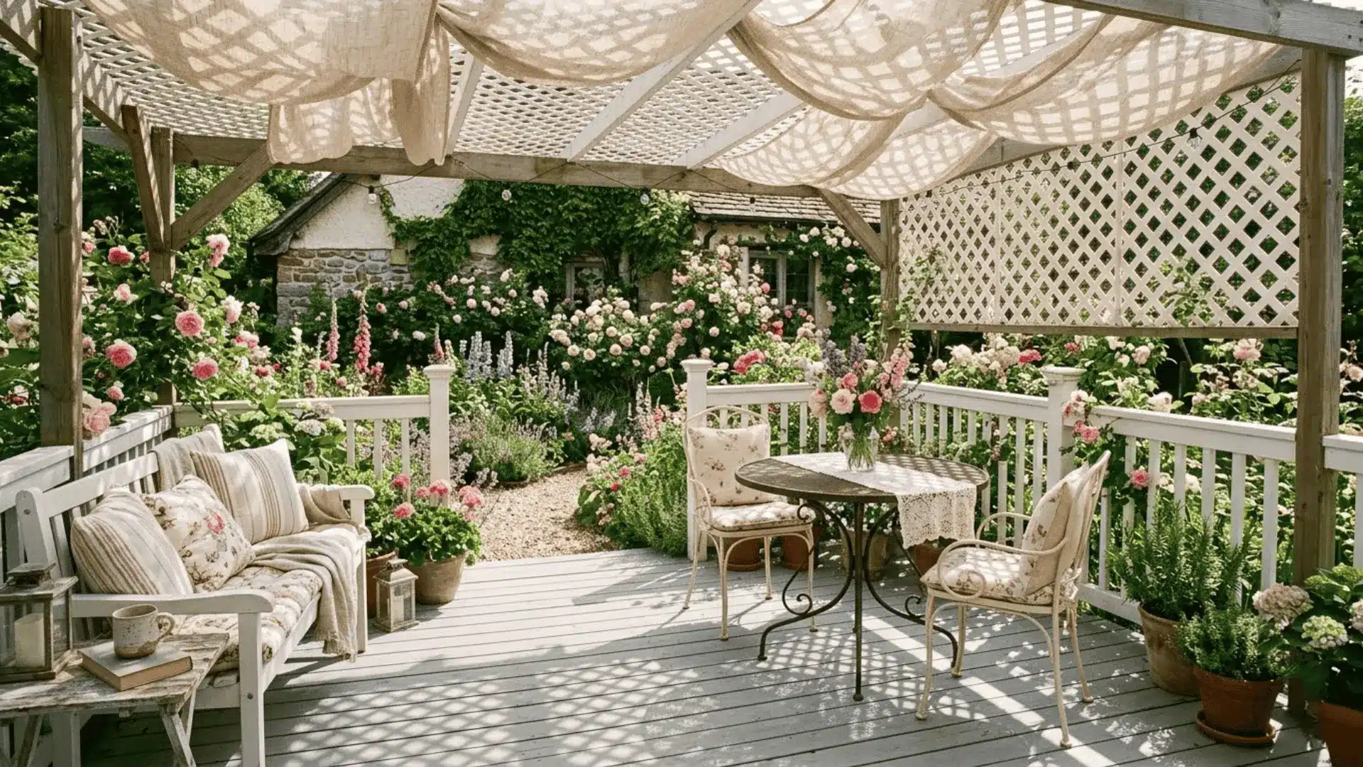 white wood lattice roof with sheer linen fabric overlay casting dappled shadows on a deck