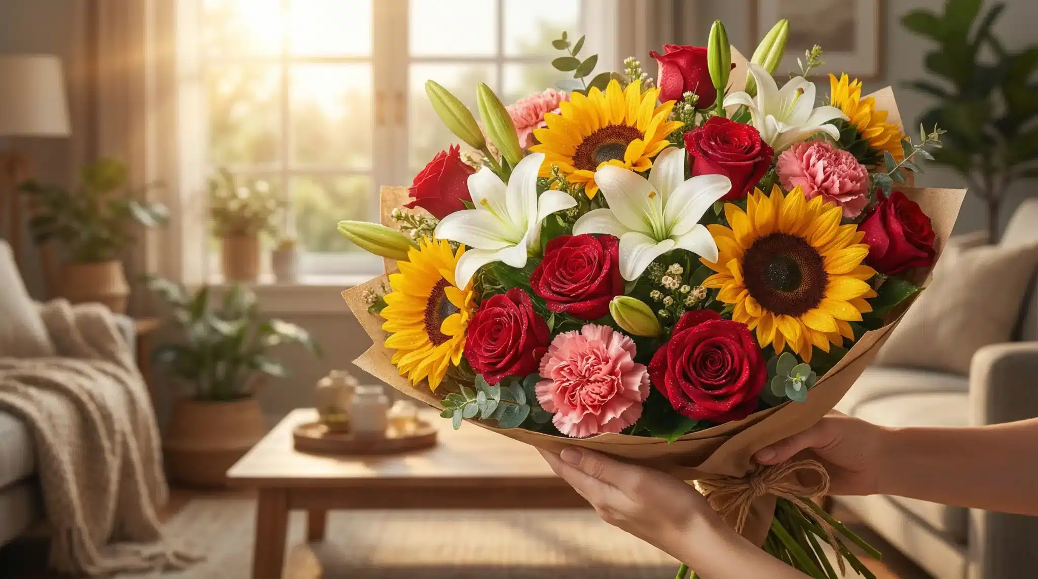 Bouquet of sunflowers, lilies, and roses held in cozy living room with sunlight streaming through window